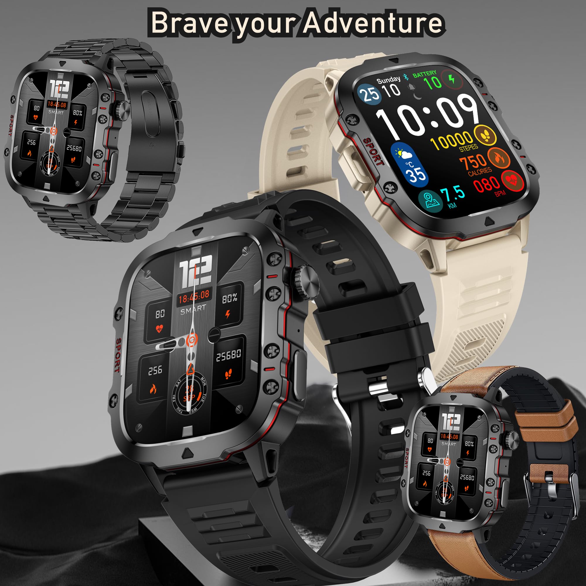 Montre Connectée Homme avec Appels Bluetooth, 1,96'' Smartwatch Diamond avec 100+ Modes Sportifs/SpO2/Fonction Féminine/Lecteur de Musique/Fréquence Cardiaque/Sommeil/pour Android iOS (Brun)