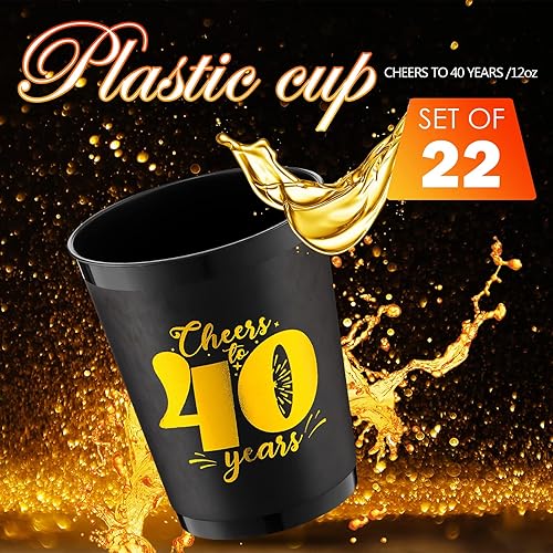Miniatura 2 de Patelai 22 vasos de fiesta de 12 onzas desechables de plástico dorado y negro para 40 años, regalos de fiesta de boda y aniversario de 40 años