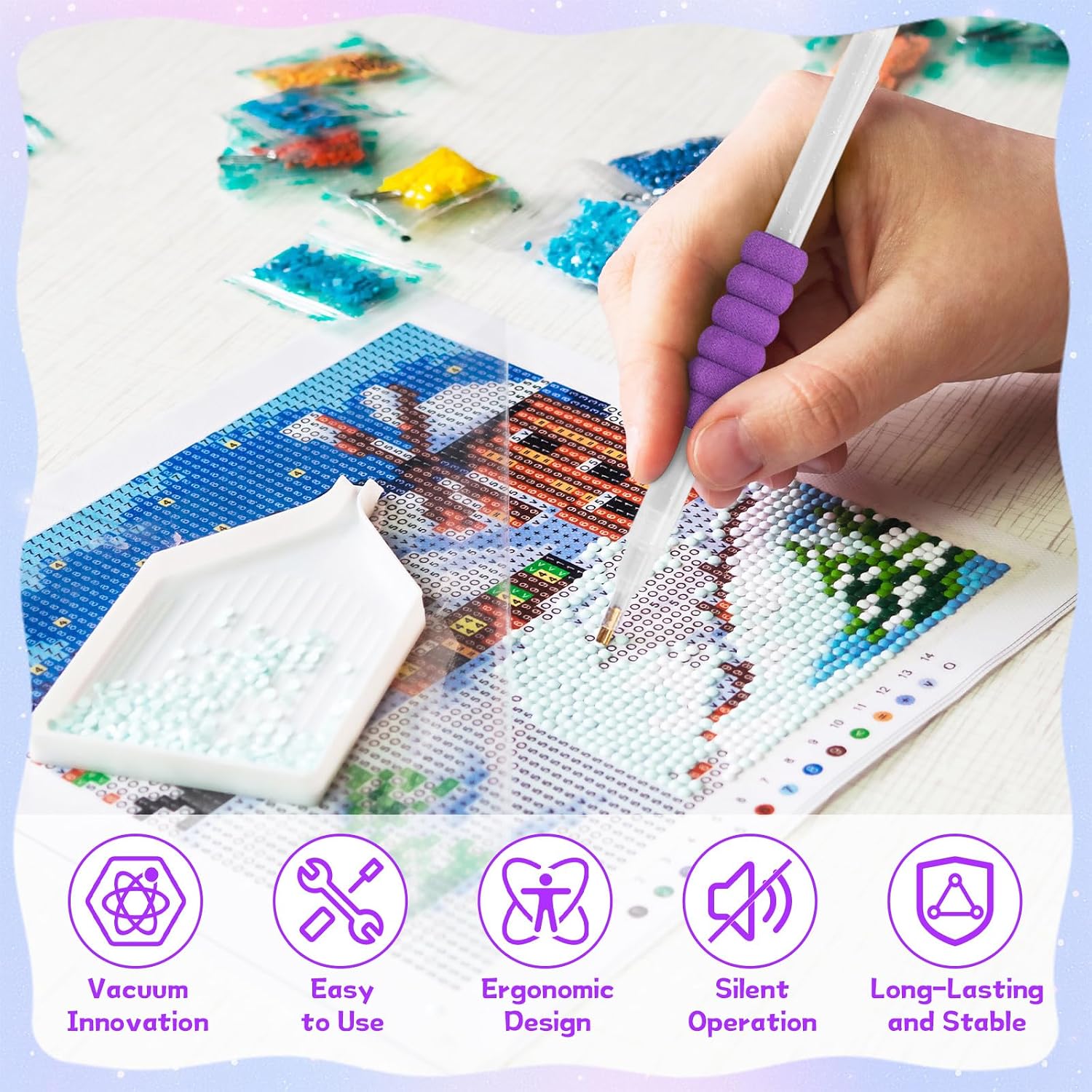 KEDEMAS Diamond Art Painting Pen Kit for Adults, Epainter Vacuum Tool with Storage Tray, Set AB Stones Without Wax, Quiet & Long-Lasting, Purple