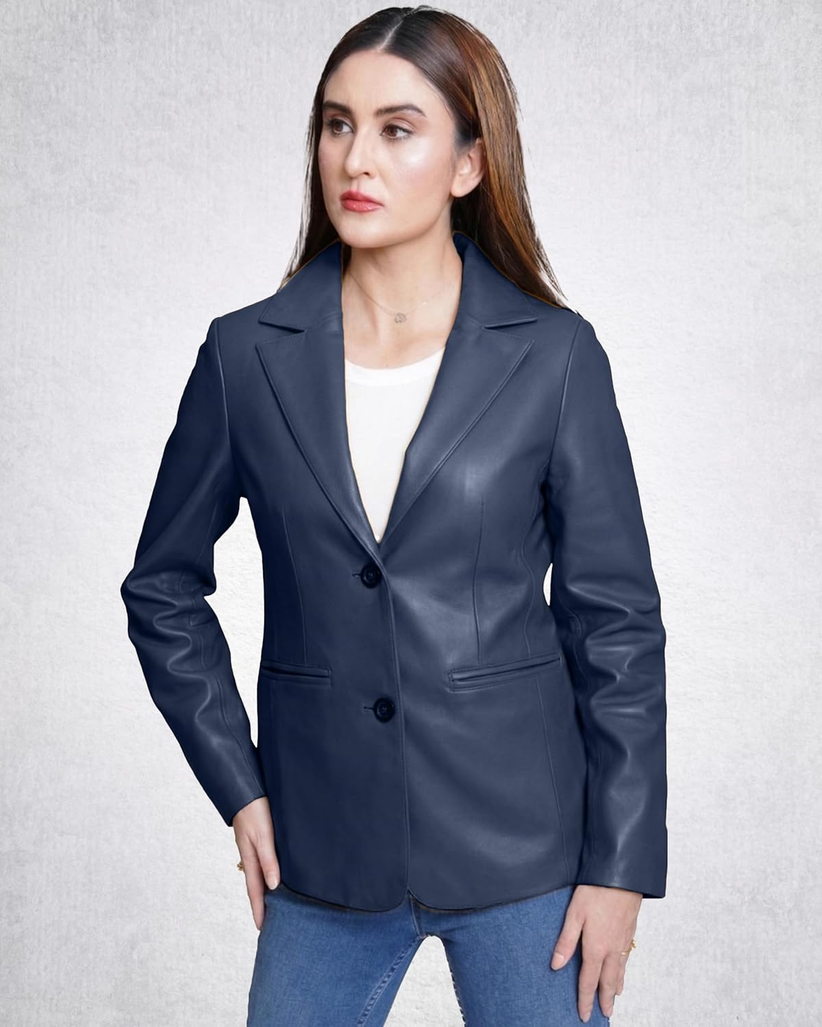 Lambskin Leather Blazer Women – Premium Women Leather Jacket with Notched Lapel, Long Sleeves, Flap Pockets