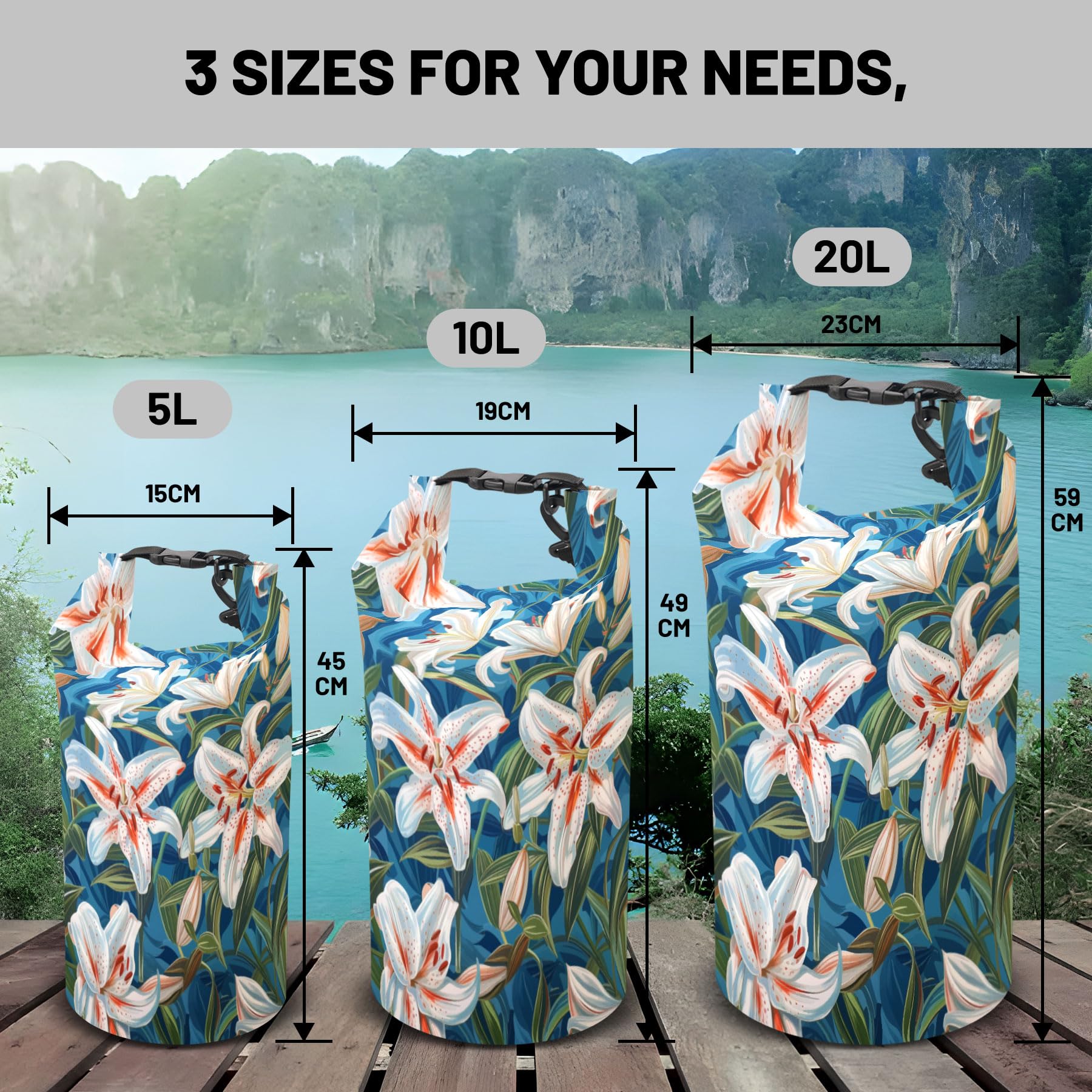 Bolsa seca impermeable, mochila impermeable con diseño de lirio de flores de 5 L/10 L/20 L, bolsas flotantes y ligeras para kayak, canotaje, pesca, natación y campamento con funda impermeable