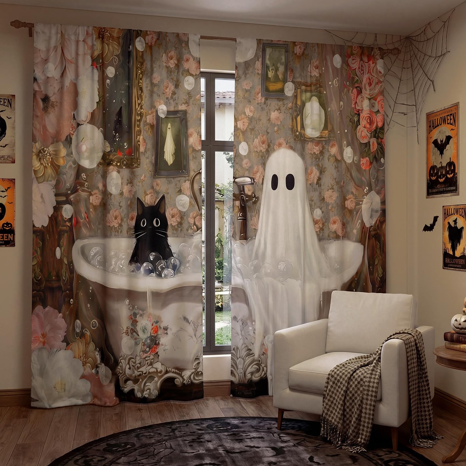 SmoothNovelty 2 Pcs Halloween Curtains for Living Room Vintage Ghost Cat