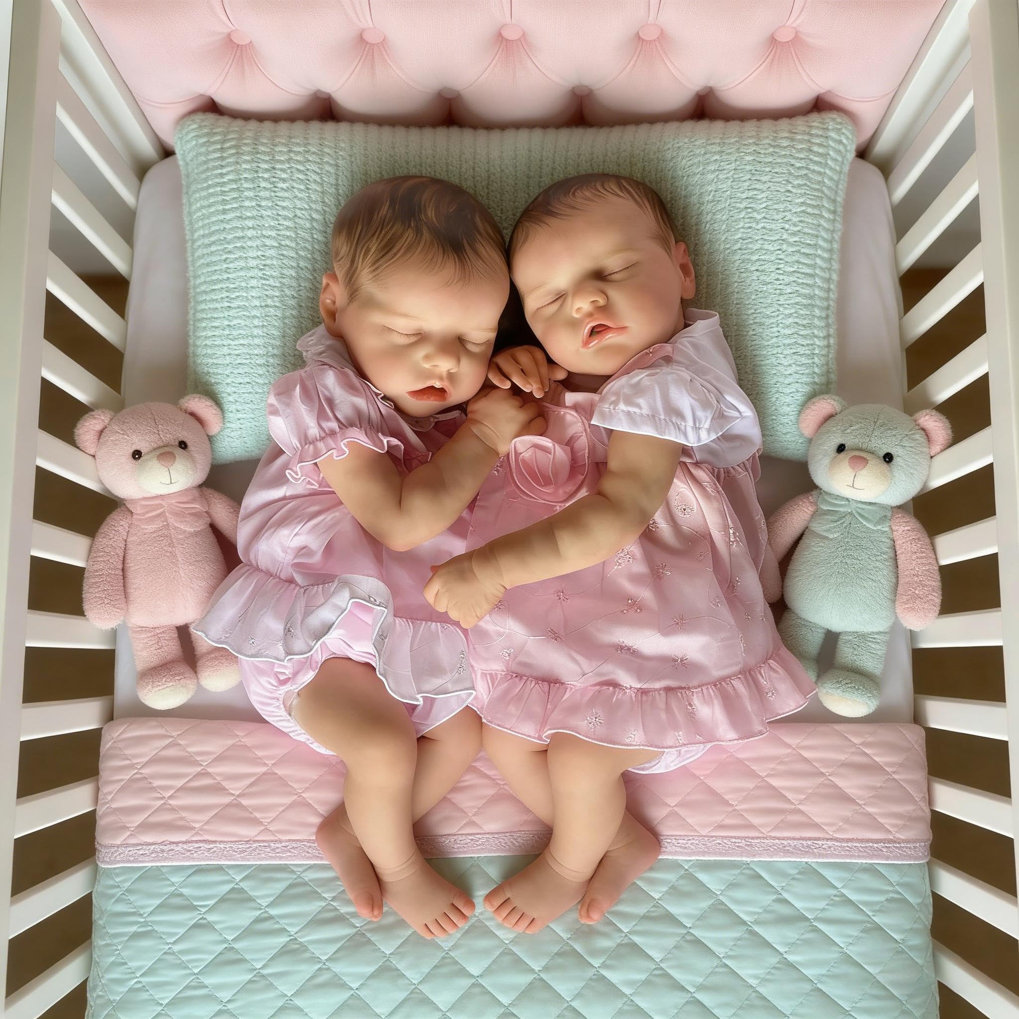 RXDOLL Asleep Reborn Baby Dolls silikonowe winylowe bliźniaki na całe ciało, 45 cm realistyczna lalka bobas bliźniaczki dziewczyny, realistyczne lalki Reborn, które wyglądają prawdziwie w pełni