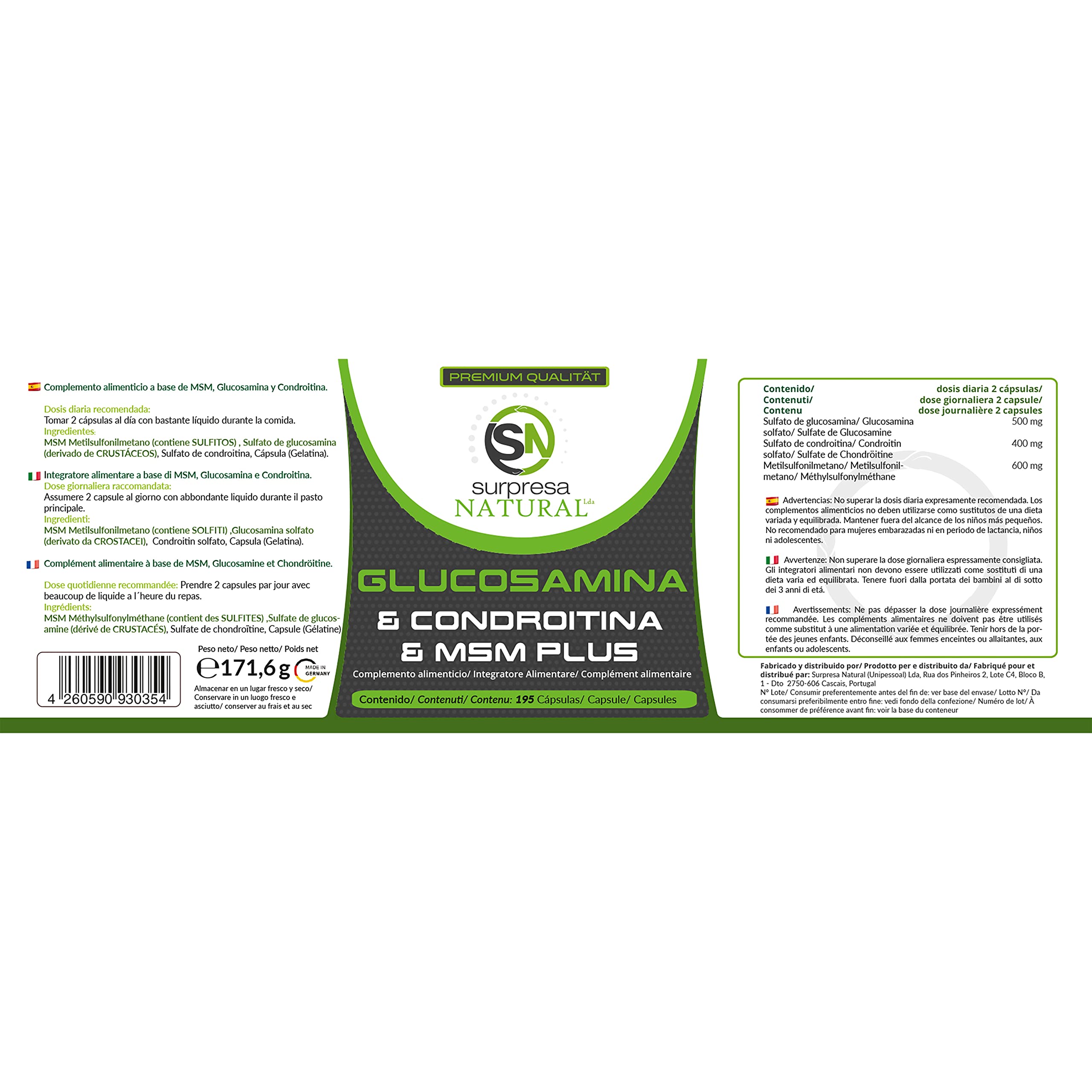 Glucosamina condroitina & MSM capsule ad alto dosaggio I 3 x 195 capsule I 4500 mg al dose giornaliera I Integratore alimentare senza additivi e testato in laboratorio I 1 mese