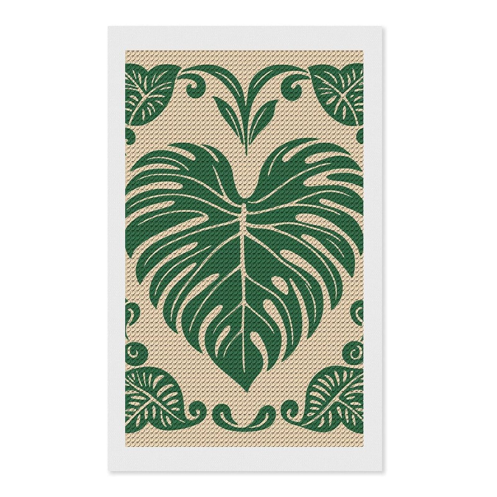 Junmoney Monstera Leaf Green Beige Illustration Diamond Painting Canvas Set 12"x20", for Women, Pleasing Wall Art Project, Aesthetic Room Decor, Gift Idea