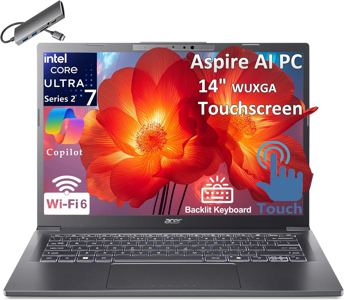 Laptop acer 2026 Aspire AI para empresas y creadores | Intel Core Ultra 7 258V, 32GB, 1TB, pantalla táctil FHD de 14", KB retroiluminado, HUB USB-C, Lifetime Office 365, batería de larga duración, Windows 11 H, gris (renovado)