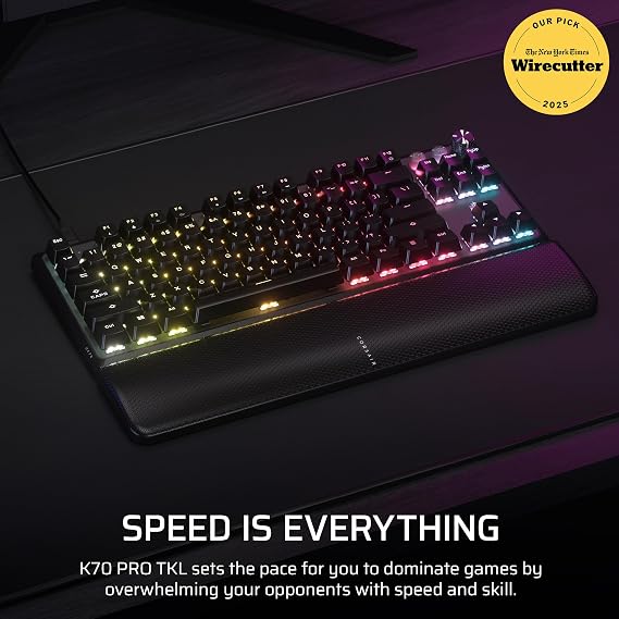 Corsair K70 PRO TKL RGB Tenkeyless Mechanical Wired Gaming Keyboard Pre-Lubed Hall Effect MGX Hyperdrive Adjustable Switches, Simultaneous SOCD and Rapid Trigger, ABS Double-Shot, QWERTY NA Black