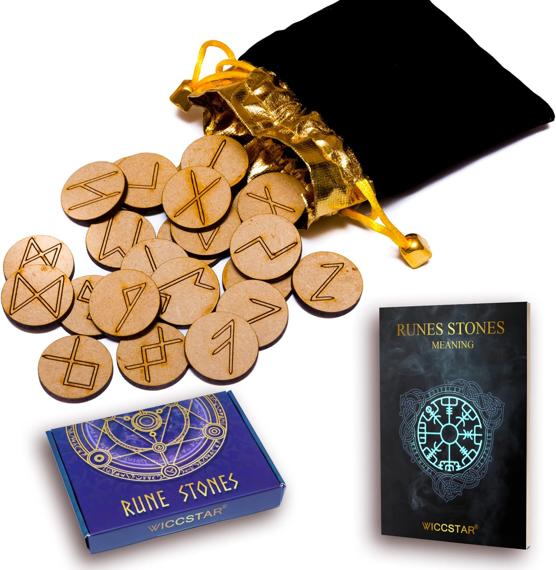 Rune Stones Set with Instruction Booklet for Beginners and and Velvet Pouch. Viking Nordic Runes