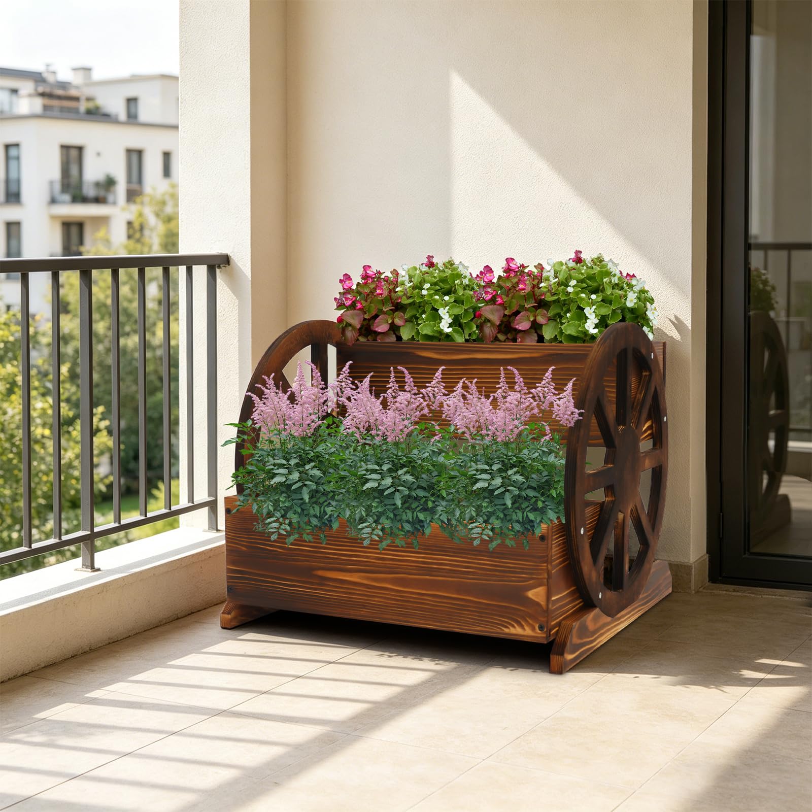 Blumenkasten Holz mit Wagenrad, Pflanzkasten mit Abflussloch