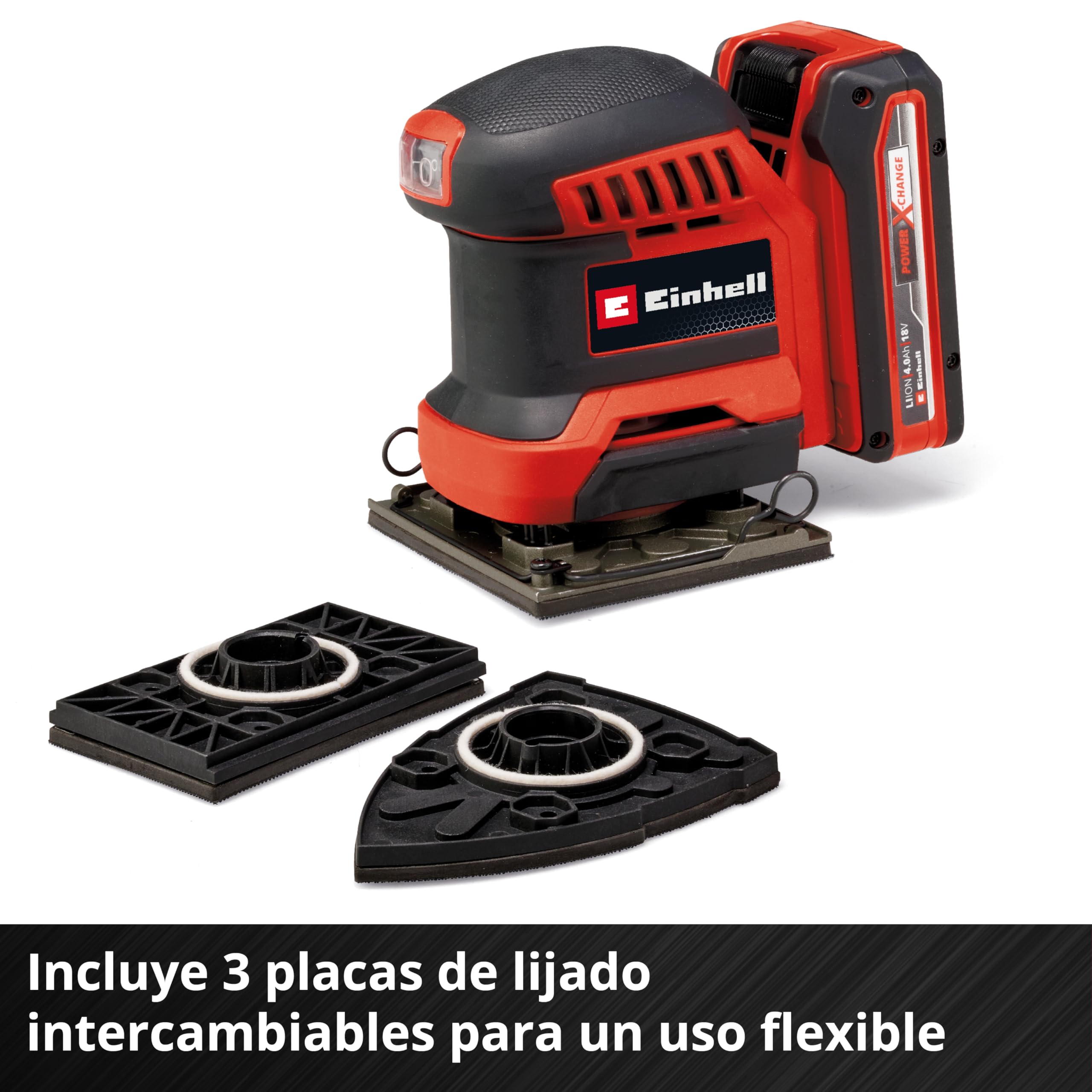 Einhell Lijadora de puño con batería TE-OS 18/113 3X Li-Solo Power X-Change (18V, lijadora orbital, 3 placas de lijado intercambiables, círculo oscilante de 1,8 mm, incl. accesorios, sin batería)