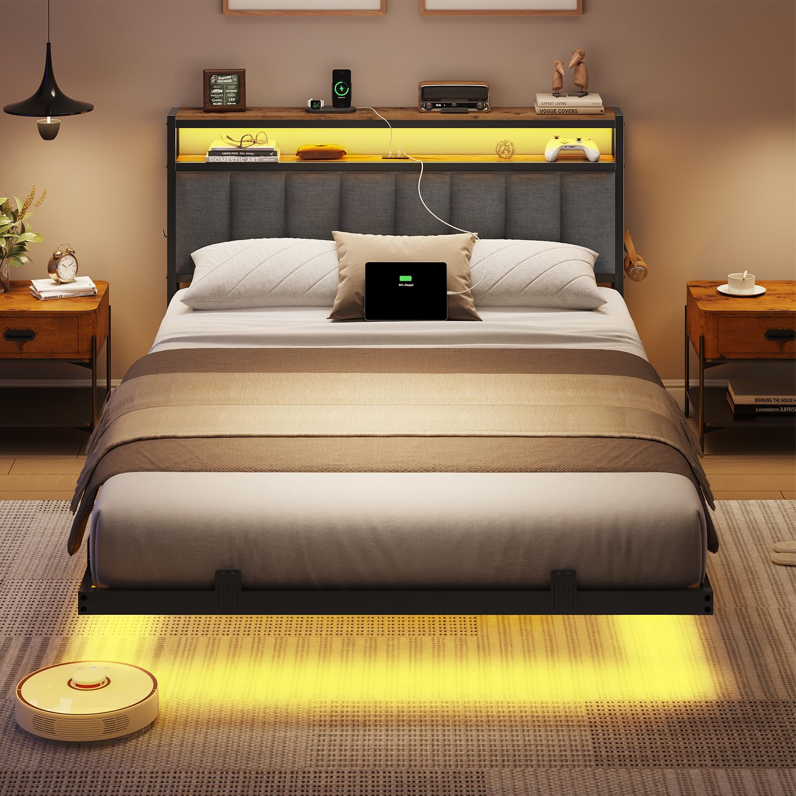 AOGLLATI Double Bed Frame 135x190 cm with Floating Visual Effect, 4ft6 Metal Bed Frame with Adjustable LED Lighting and Charging Station, Double Bed with Headboard, Dark Grey (Mattress Not Included)