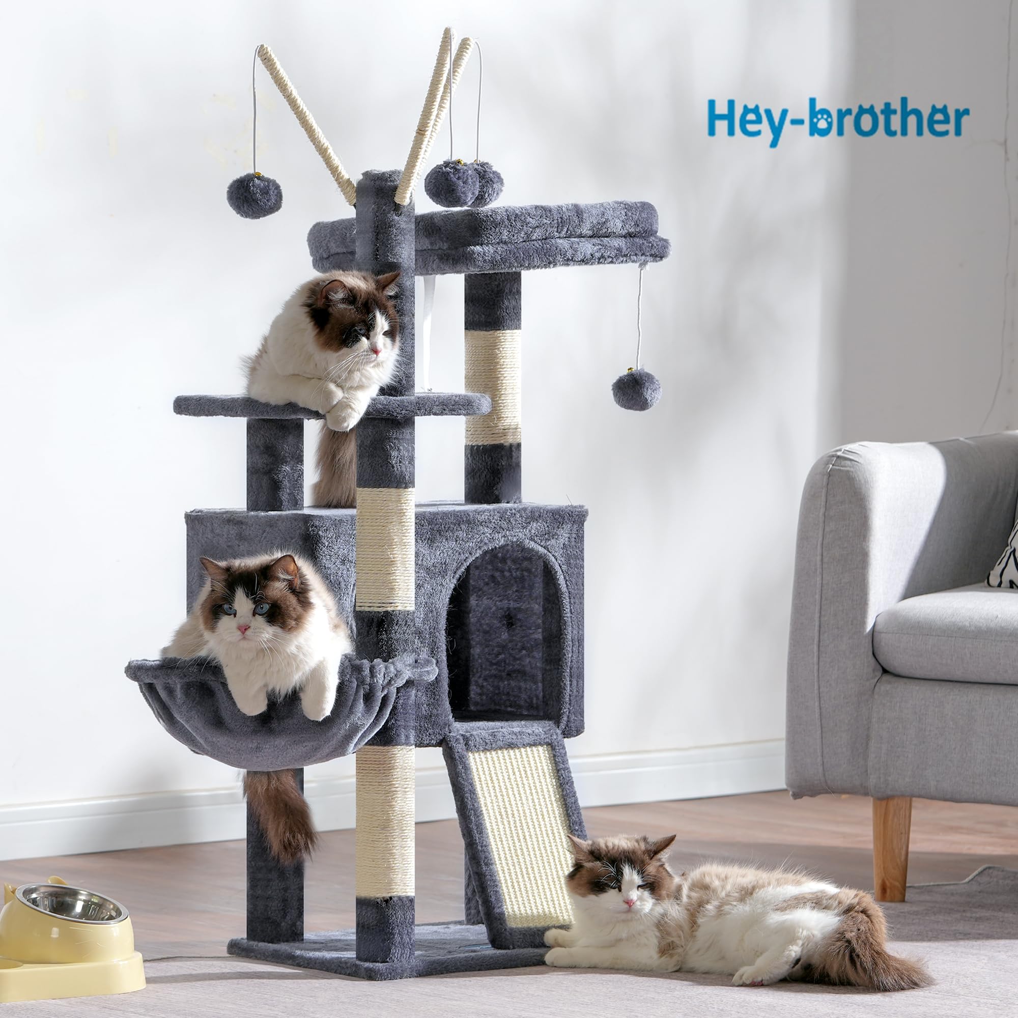Hey-brother Torre tiragraffi con giocattoli rimovibili, comodo condominio, piattaforma, amaca, tiragraffi in sisal e palla per gattini interni, 104 cm, grigio fumo, MPJ008SG