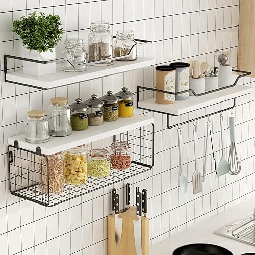 Miniatura 5 de Estantes flotantes montados en la pared, estante de baño de madera sobre el inodoro con cesta de almacenamiento de papel, decoración de pared,