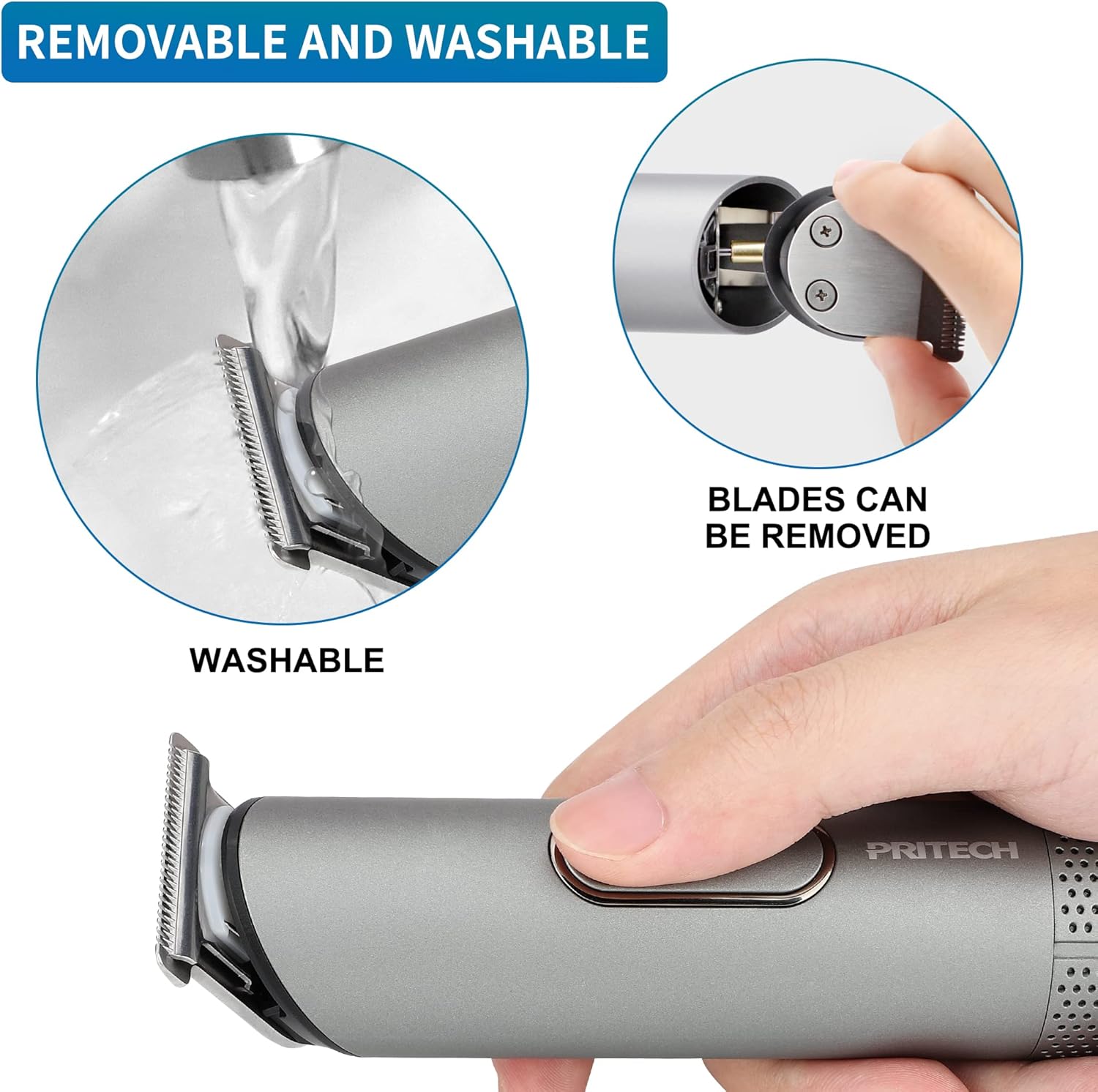 Close-up image of the PRITECH Hair Trimmer's internal motor and precision self-sharpening blades.