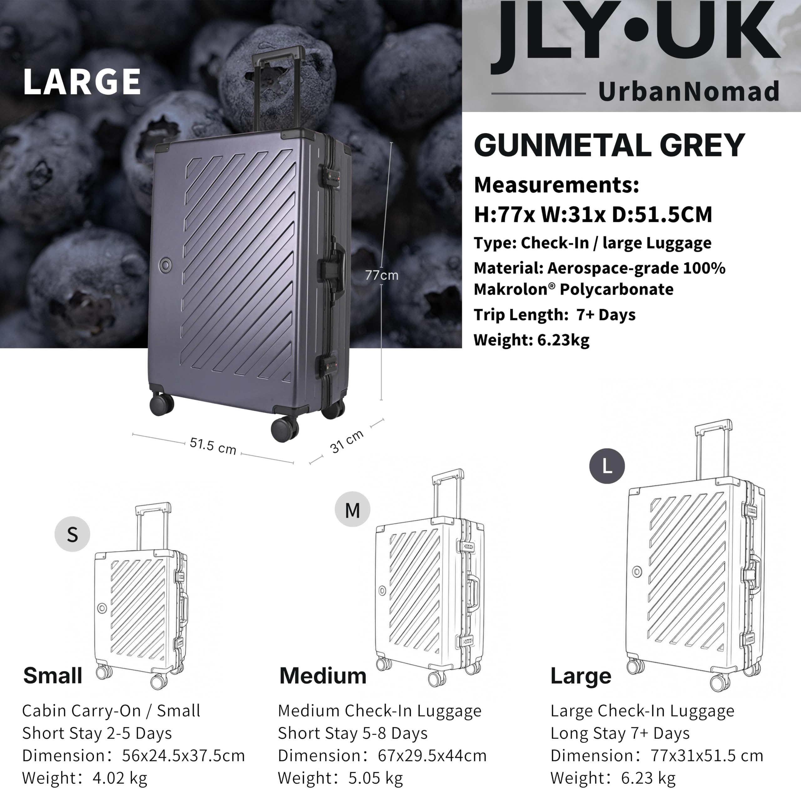 JLY 100% poliwęglanowy bagaż bez zamka błyskawicznego, podwójne zamki TSA Hardshell walizka z 4 kołami obrotowymi, aluminiowy uchwyt, bagaż podręczny w kabinie, walizka podróżna, Grafitowy szary, L (75cm 86L), Walizka