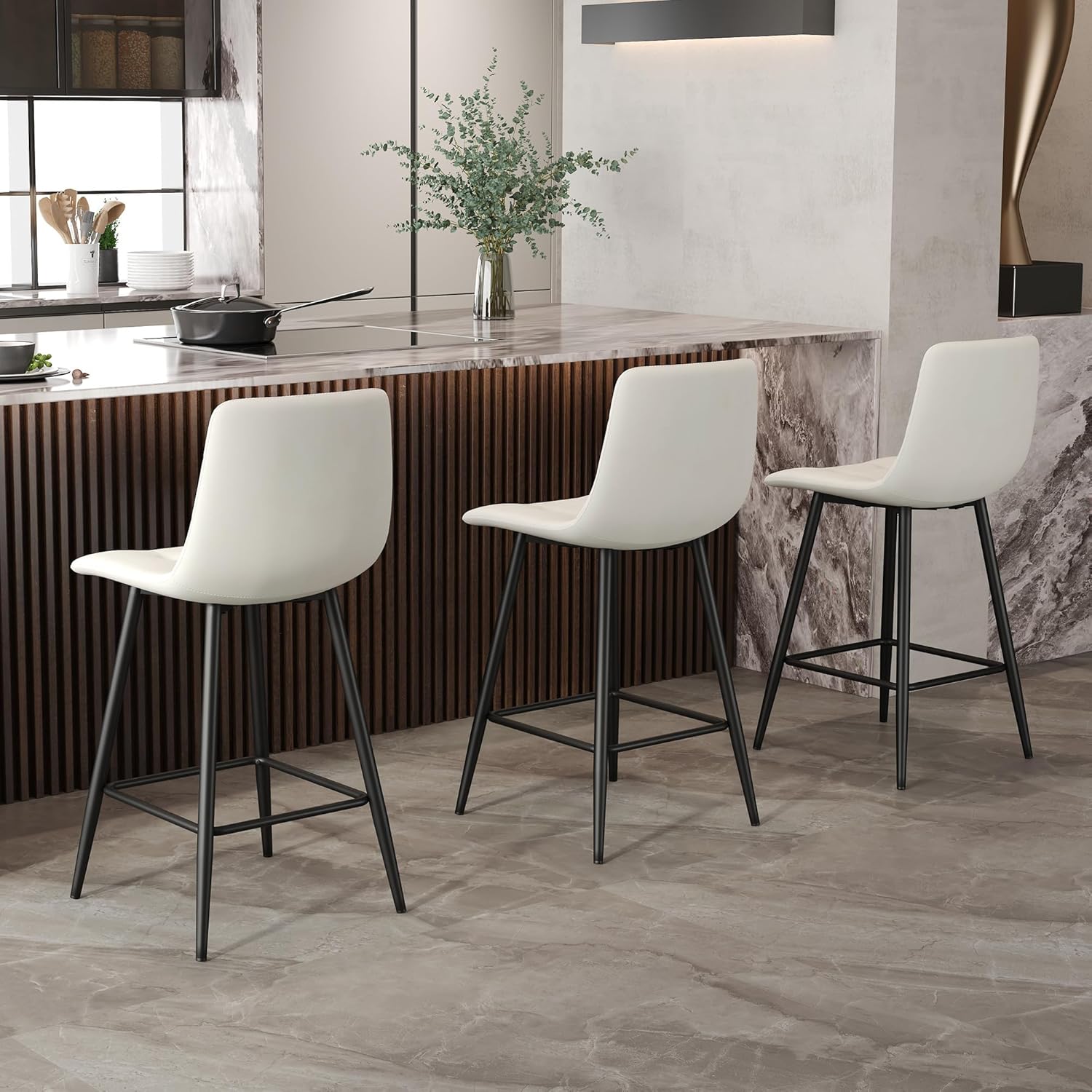 Bar Stools Set of 2,White Faux Leather Counter Height Bar Stools,24.6" Bar Chairs with Back Metal Footrest,Modern Counter Stool with Back and Footrest for Kitchen Island Restaurants Pubs