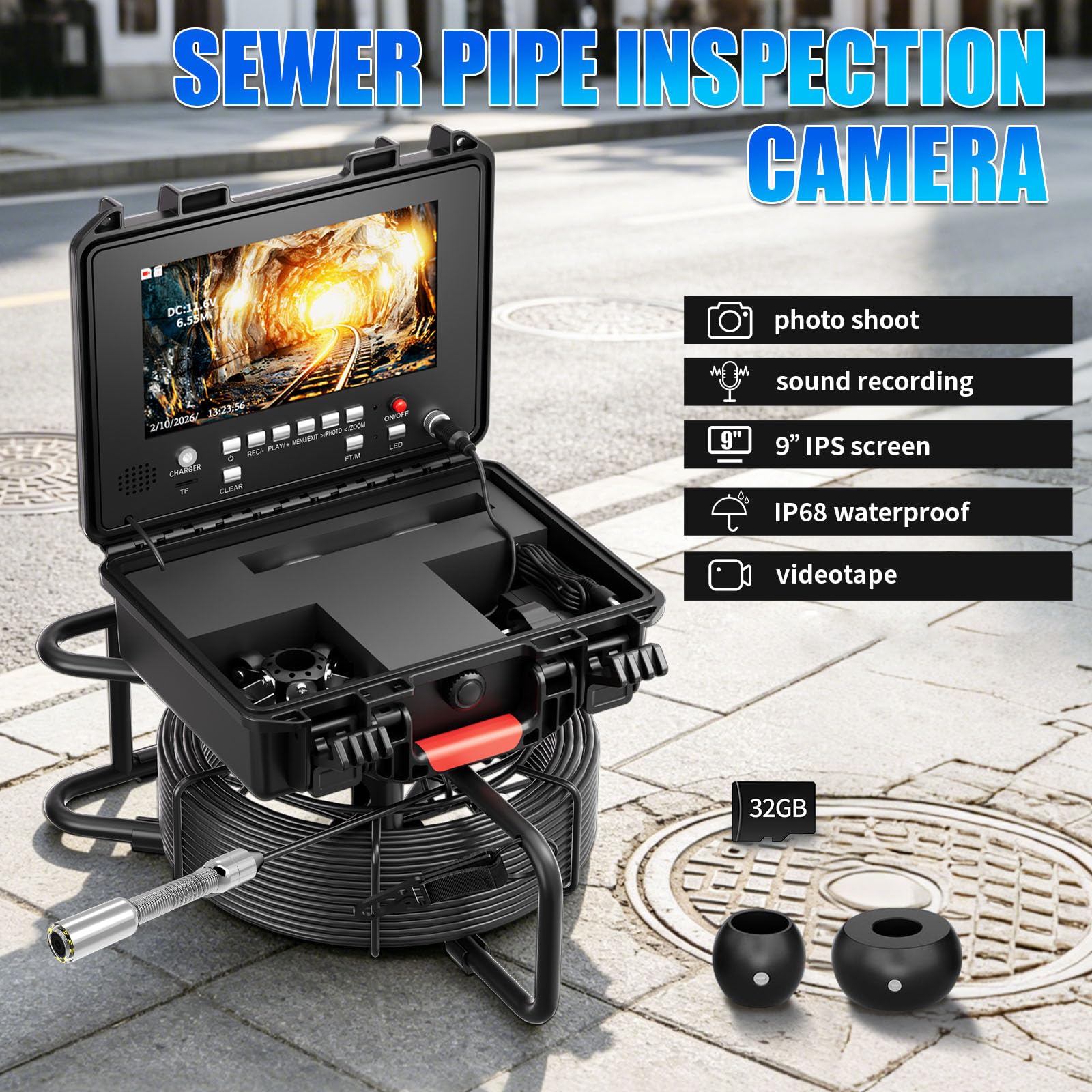 Cámara De Inspección De Tuberías DVR 1080P HD,Borescope 9"AHD,Detector De Alcantarillas,Contador De Metros,Cabezal De Cámara 18mm,8 LED Blancas,Tarjeta 32G Incluida,Cable Negro 5mm,I(Size:50 M/164 FT)