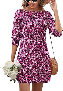 Womens Summer Mini Dresses Boatneck 3/4 Puff Sleeve Floral T Shirt Dress with Pockets Boho Dresses Fashion Trendy 2025 - Buy now