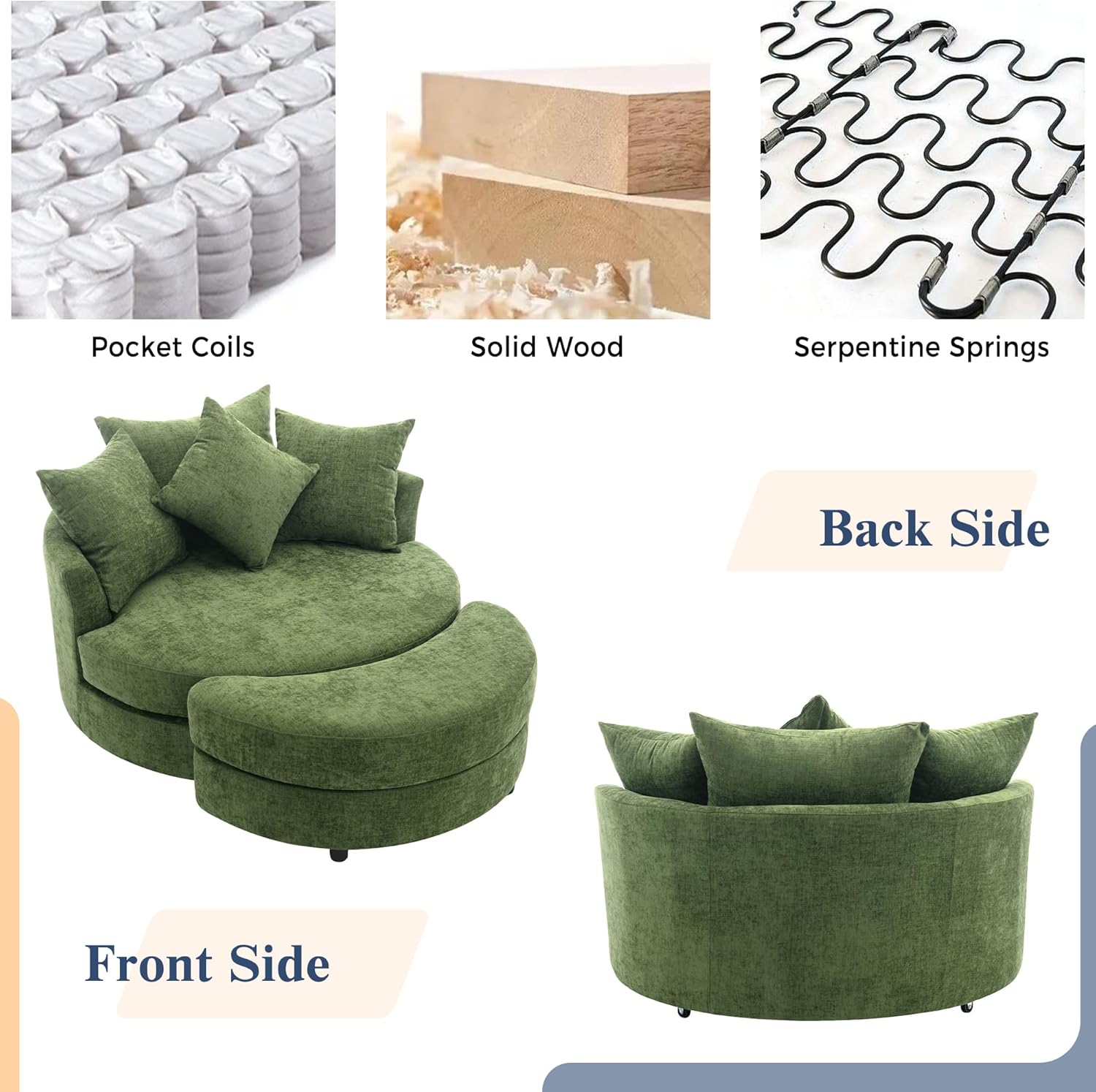 ERYE Oversized Round Accent Barrel Chair with Storage Ottoman and 360 Swivel Base, Modern Chenille Upholstered Leisure Recliner Armchair for Living Room Bedroom