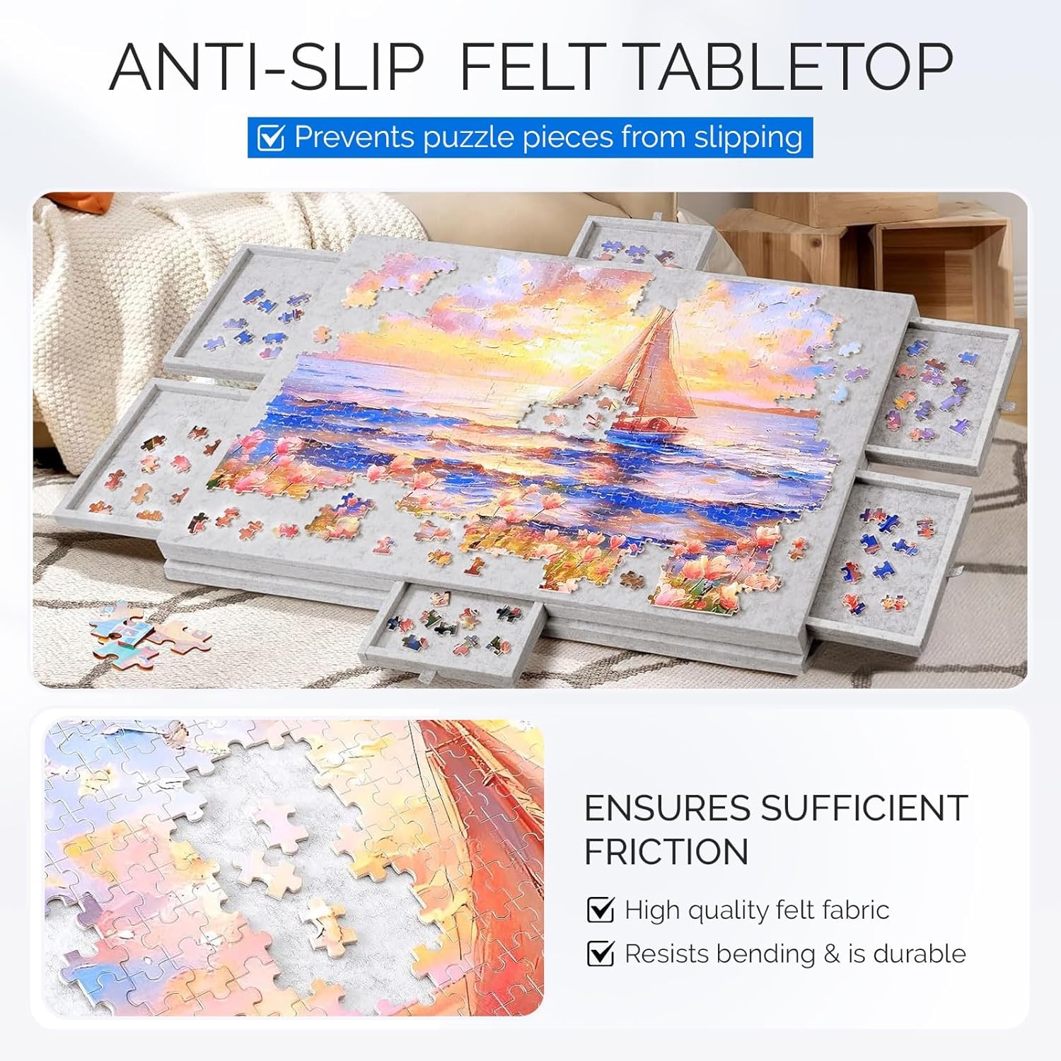 1000 Teile Puzzletisch mit 6 Schubladen - Kippbares Puzzlebrett mit 2-in-1 Ständer & Abdeckung - Tragbarer Filz Puzzle Board - Puzzleplatte mit Rutschfester Oberfläche Ideal für Erwachsene