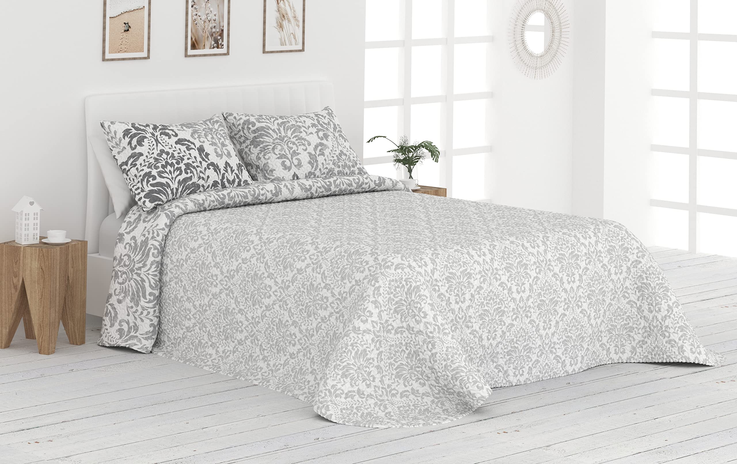 Liniva Home Colcha Bouti Reversible Cosida - Modelo Naomi - Gris, Cama 135 cm