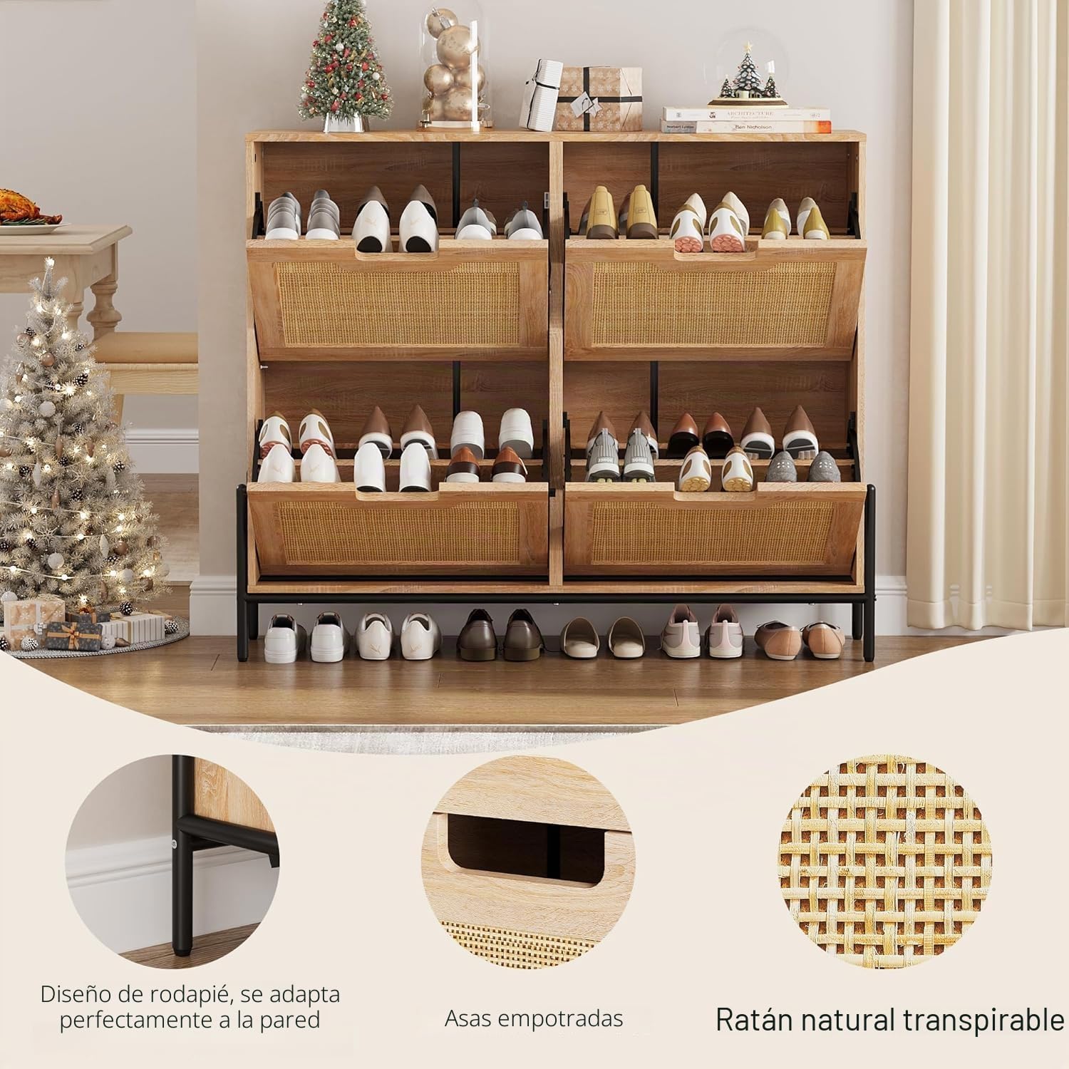 Garvee Zapatero Estrecho con 4 Solapas, de Madera con Puertas de Rattán | Mueble Zapatero Abatible, Estantes Regulables, Apto para Botas, Ideal para Entrada, Salón, Pasillo, 100 x 24 x 88 cm, Roble