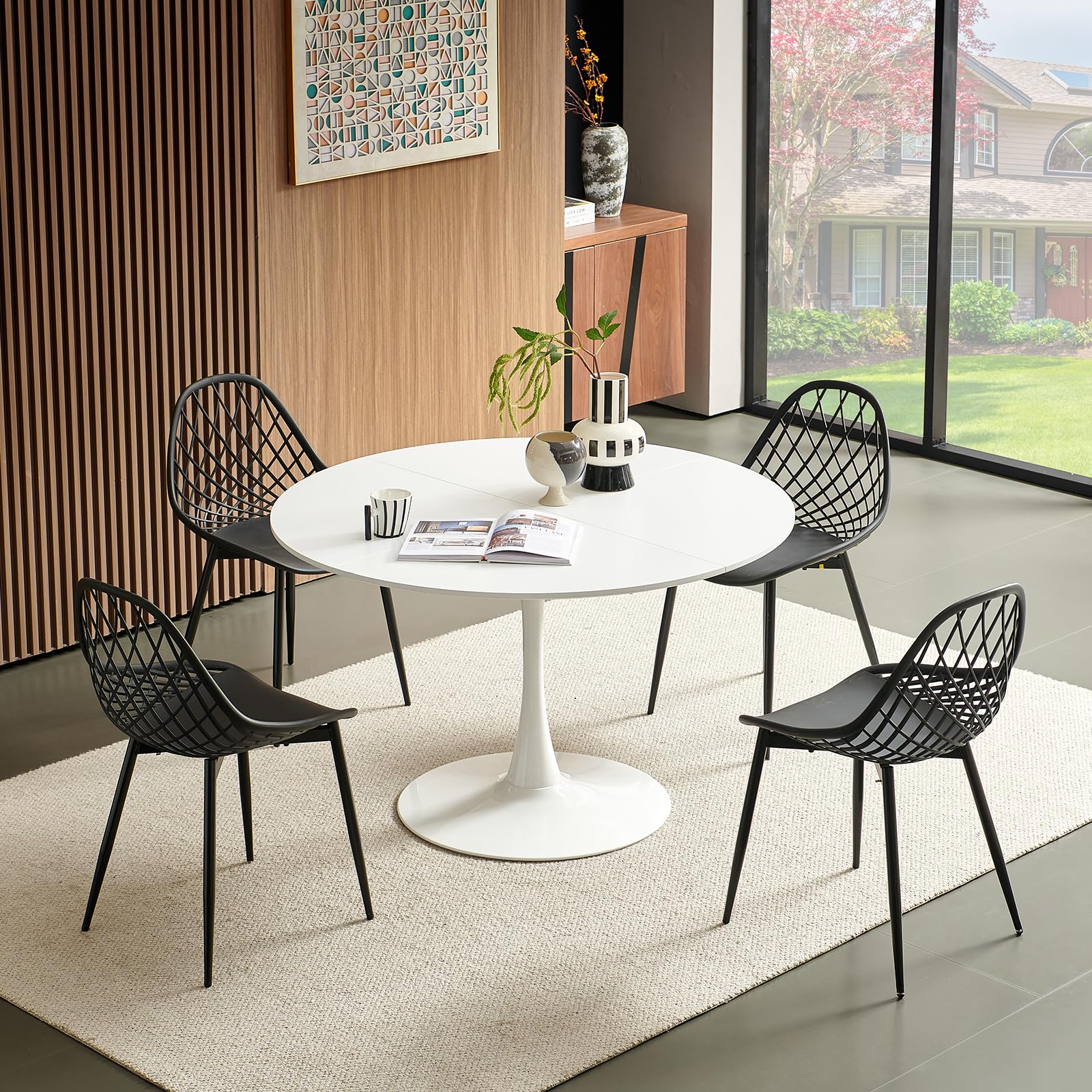 Mesa de Comedor Redonda con 4 sillas, Conjunto de Muebles para Balcones pequeños, Conjunto de Muebles de jardín para jardín, Patio y balcón, Mesa Blanca (Ø 120 cm) + 4 sillas Negras