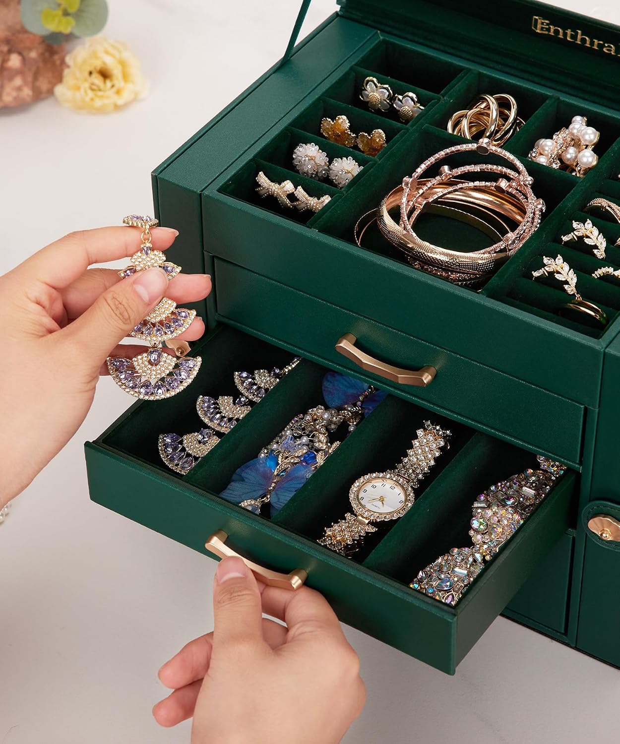 Enthralite Jewelry Box with 3 Drawers: Display Organizer for Earrings Necklaces - Gifts for Girls Women (Forest Green)