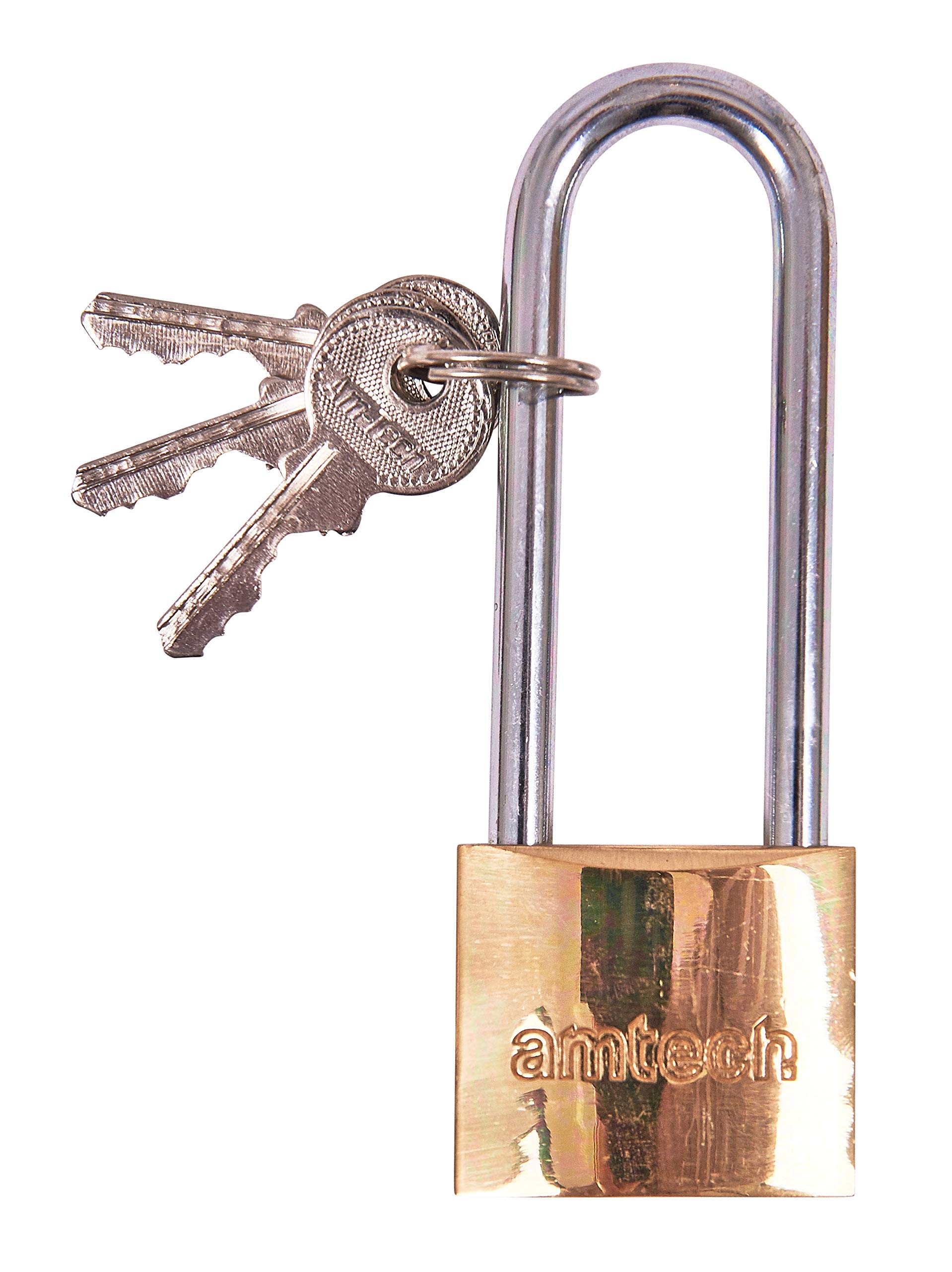 AmtechT1500C 38mm Solid Brass Long Shackle Small Padlock with Keys for Lockers, Toolboxes, Cupboards or Sports Bags