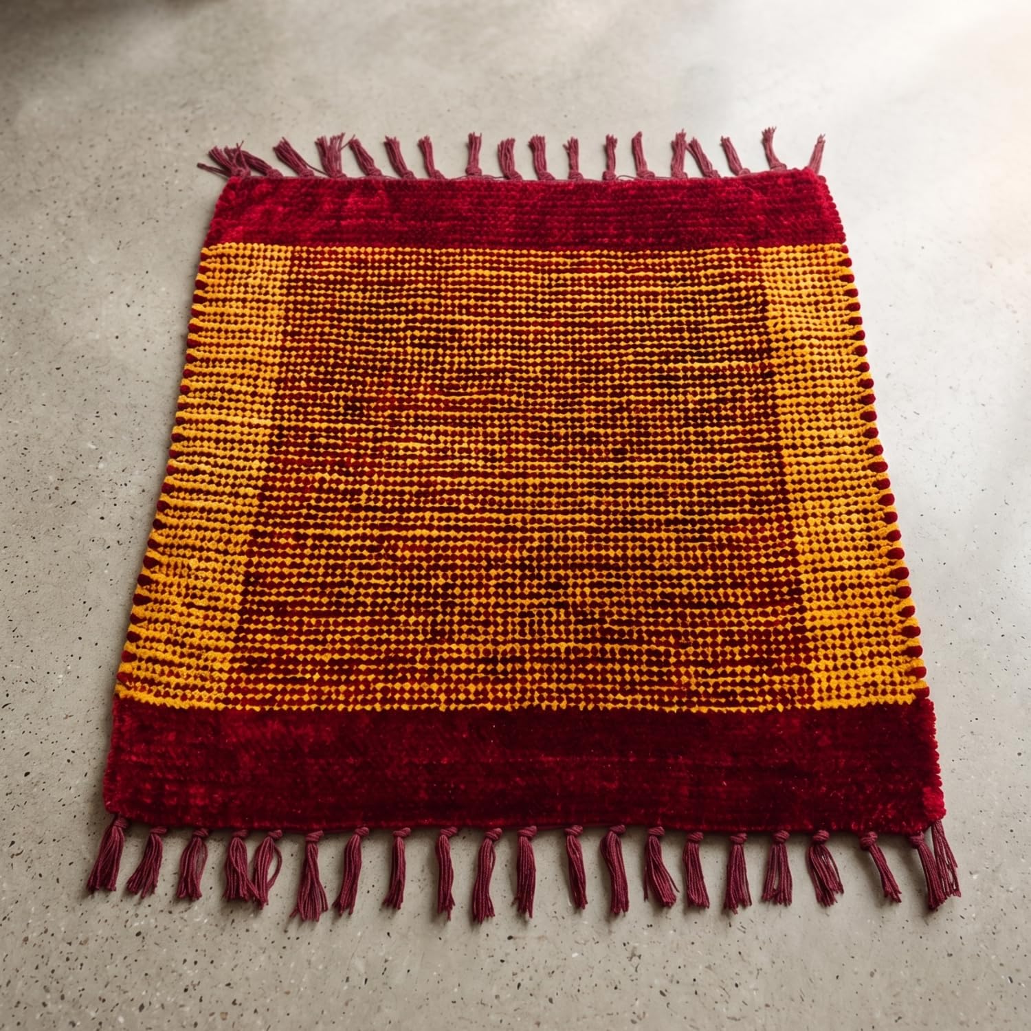 Premium Velvet Woolen Puja Aasan (21x21 Inch) | Soft Comfortable Meditation Mat for Dhyan, Jaap, Yoga, Havan Spiritual Rituals & Daily Pooja Seating Mat | Traditional Yellow & Red Woolen Aasan-picture-13