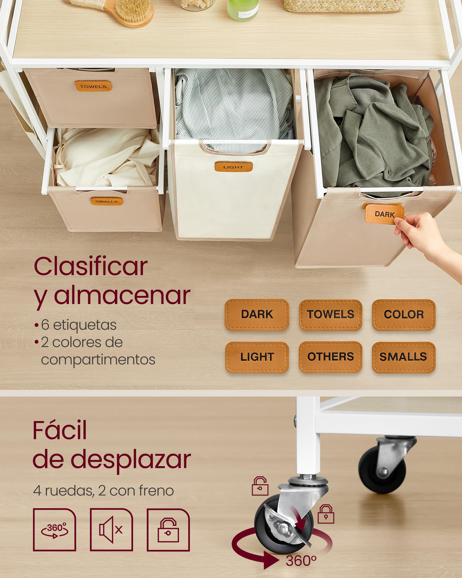 VASAGLE Cesto para Ropa Sucia, 4 Compartimentos, Cesta Ropa Sucia 150 L, con Estante Ruedas, Bolsa Colada, con Bolsillos Extraíbles, 6 Etiquetas, Beige Natural, Marrón Camello y Blanco Crema BLH203N01