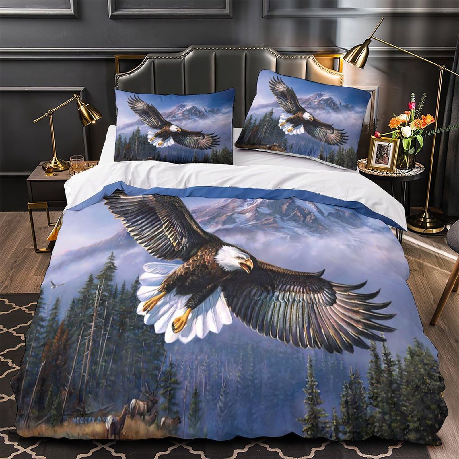 Housse de couette 200x200 anti-transpiration et hypoallergénique motif aigle motard 3D