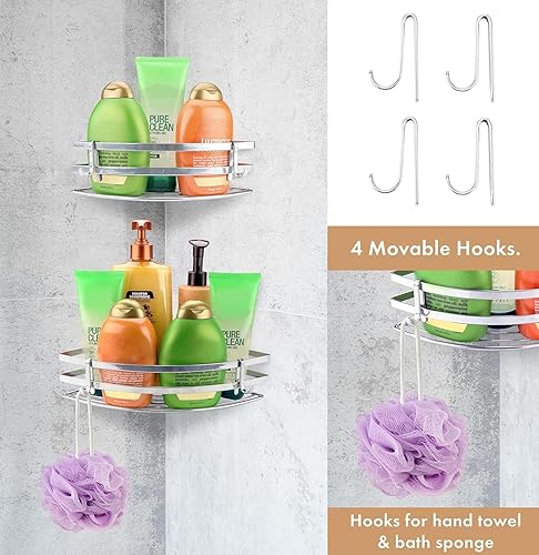 Miniatura 8 de RoyalHouse Organizador de ducha esquinero de acero inoxidable con dos ganchos, autoadhesivo con pegamento o montaje en pared con tornillos,