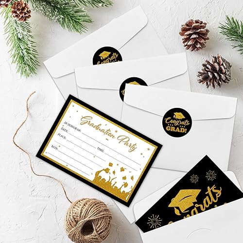 Miniatura 6 de REWIDPARTY Invitaciones de fiesta de graduación con sobres y calcomanías (juego de 15) tarjetas de felicitación de graduación negras y doradas,