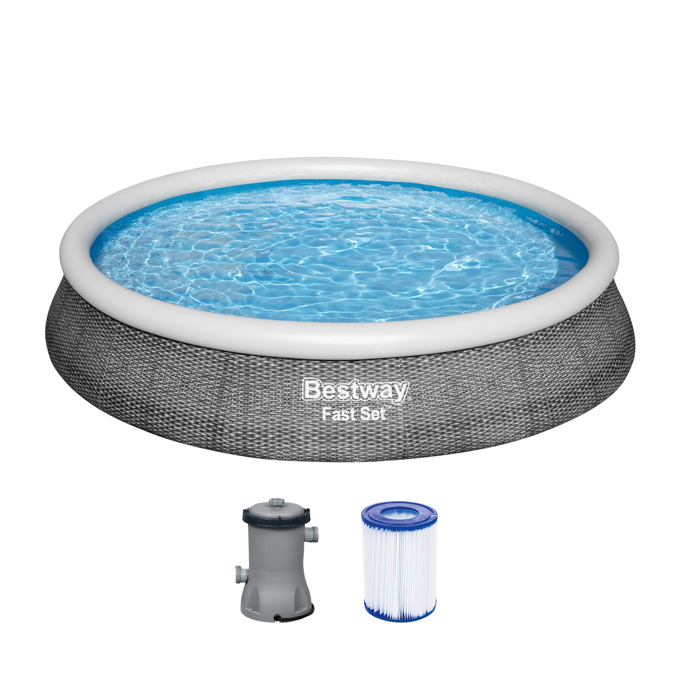 Bestway® Fast Set™ Aufstellpool-Set mit Filterpumpe Ø 396 x 84 cm, Rattan-Optik (Schiefergrau), rund