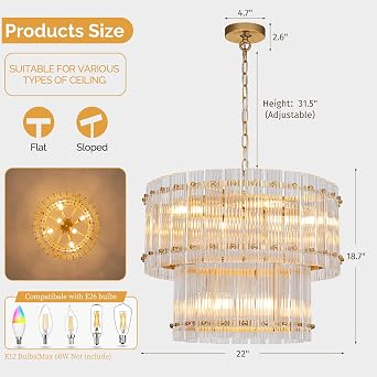 TOCHIC Drum Glass Chandeliers for Dining Room Gold Chandelier Light Fixture