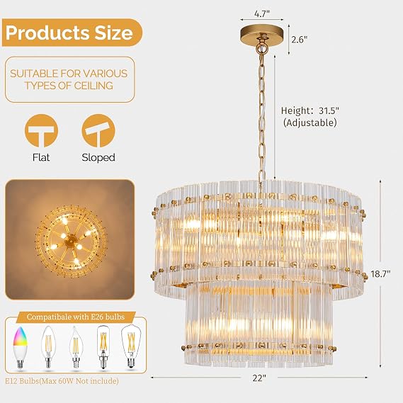 TOCHIC Drum Glass Chandeliers for Dining Room Gold Chandelier Light Fixture