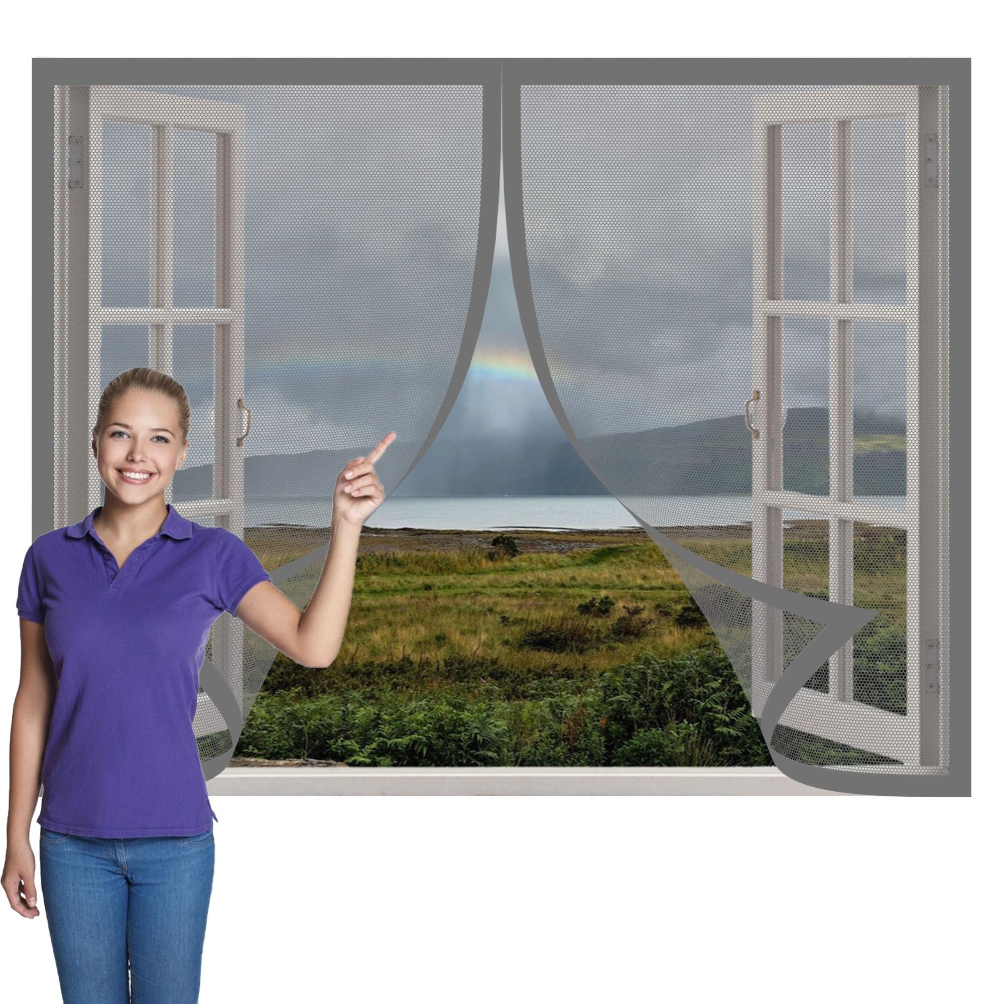 Magnetic Fly Screens Windows 135 x 115 cm Selfadhesive Tape Magnetic Window Fly Screens Excellent Ventilation While Blocking Bugs for Living Room Bedroom Offfice, Grey