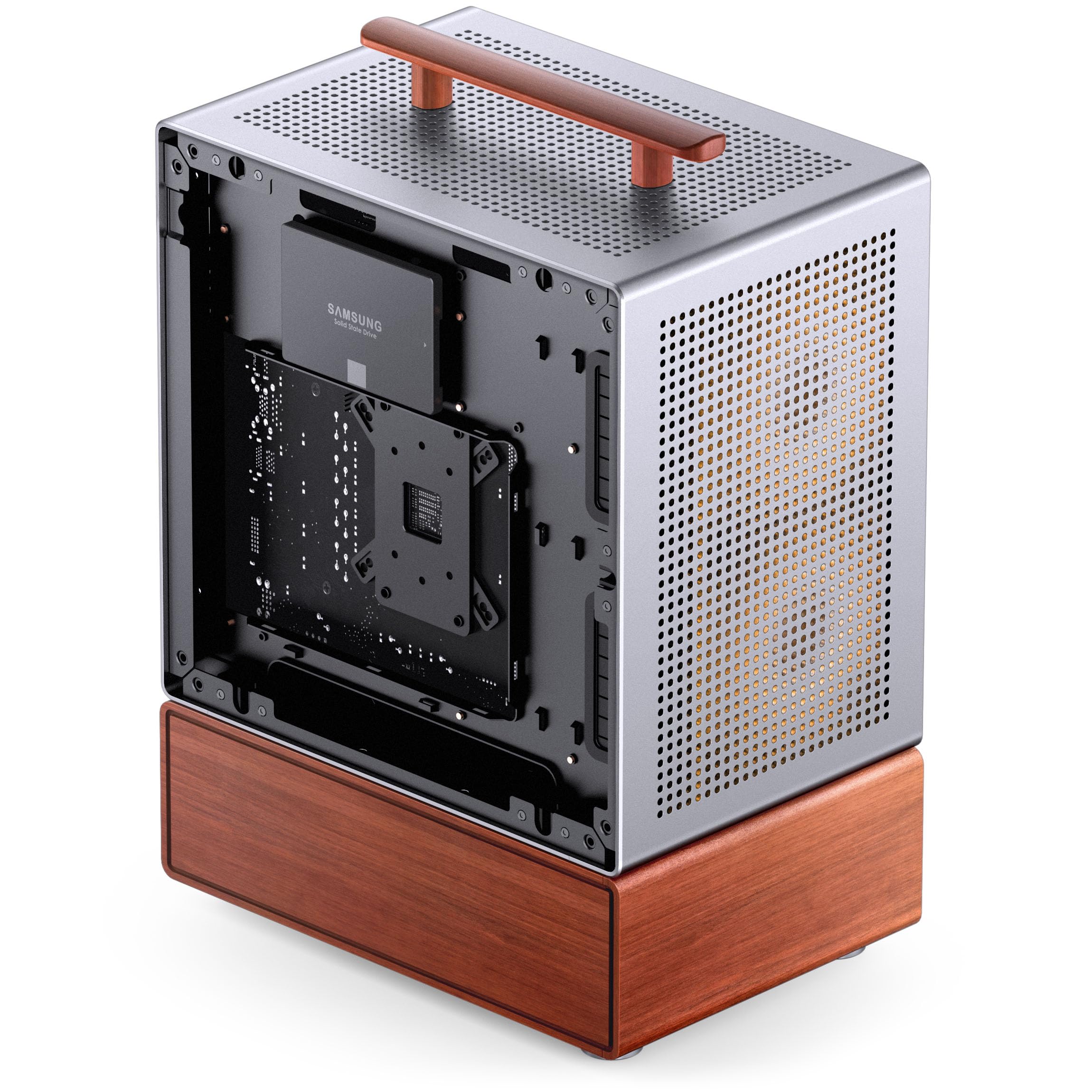 Jonsbo T7 Micro-ATX PC-Gehäuse – Silber | mATX Case mit Aluminium & Holzgriff, Tempered Glass, Zwei-Kammer-Design, USB-C