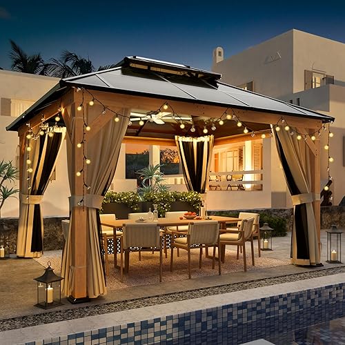 Miniatura 7 de YOLENY Gazebo de techo rígido de 11 x 13 pies, kiosco de madera para exteriores, techo doble de policarbonato, malla y cortinas, cenador de patio