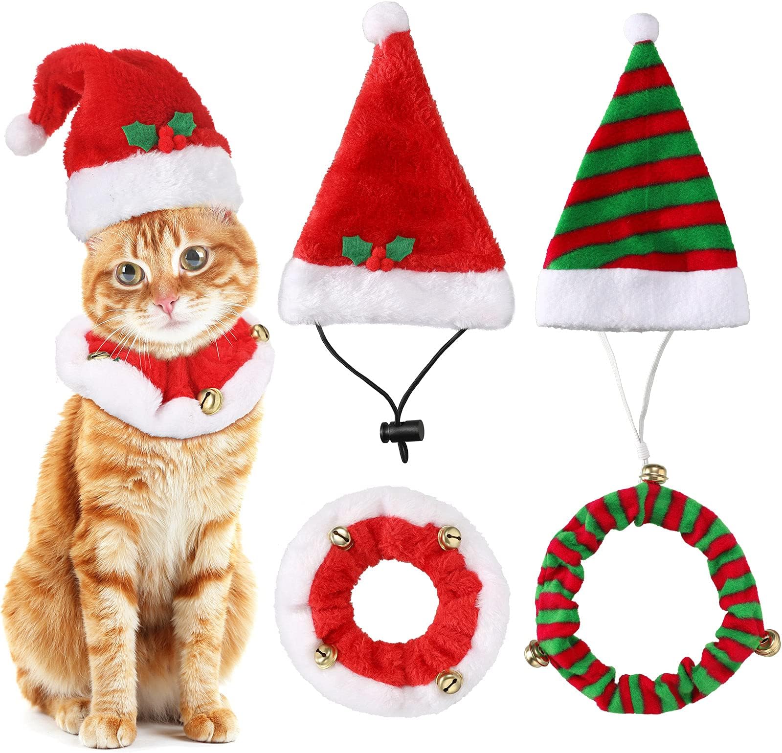 Xuniea 2 Sets Christmas Cat Costumes Pet Santa Hats and Collars with Bells Cat Xmas Dress up Costume Christmas Hats Costume for Cats Small Dogs