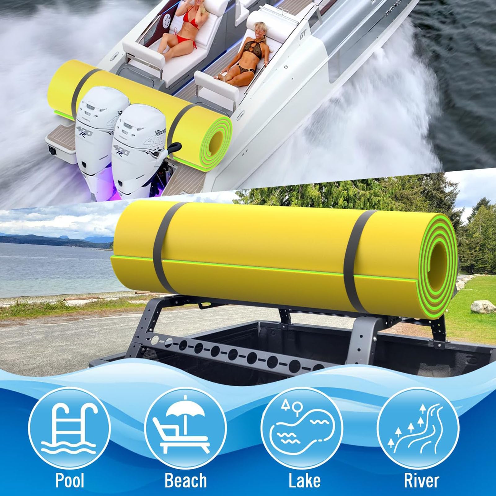 Tappetino galleggiante a 3 strati in schiuma XPE resistente agli strappi, attività acquatiche durevoli per adulti, perfetto per lago, spiaggia, mare, piscina, 4,5 m x 0,9 m x 3,3 cm