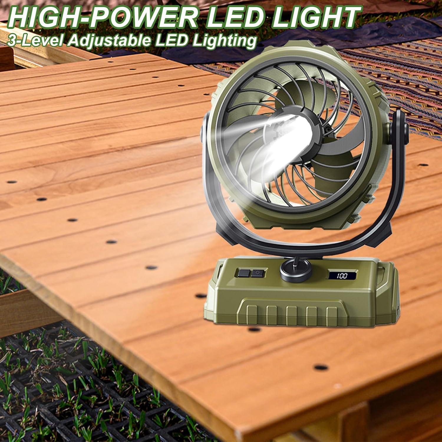 SAYTAY Camping Fan-270°Automatic Oscillating Head and 300°Manual Flip, Desktop Fan with 100 Speed Adjustable, 6000mAh Battery with 24 Hours Range, LED Light,Turbo Boosted Rapid Cooling (Green) - Image 5