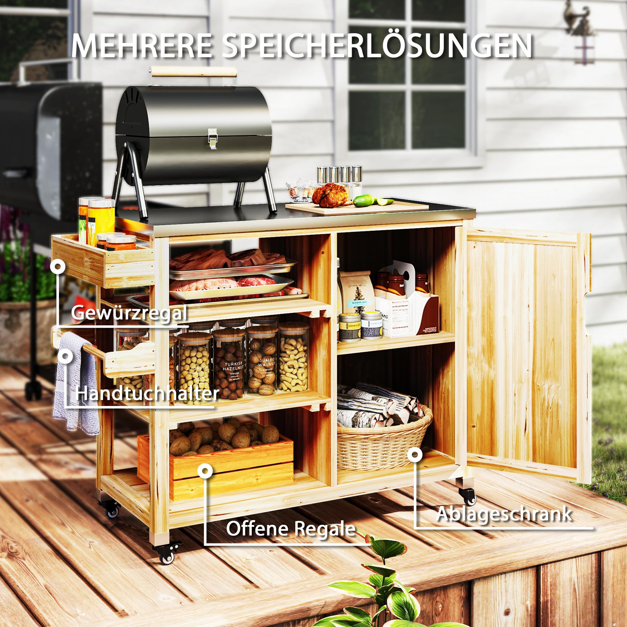 Outsunny Grillwagen 6-Etagen Servierwagen mit Arbeitsfläche Handtuchregal, BBQ Grilltisch aus Holz, Grill Beistelltisch, Outdoor Trolley, Holzkohlegrill für Garten, Terrasse 134,5x50x91,5cm Naturholz