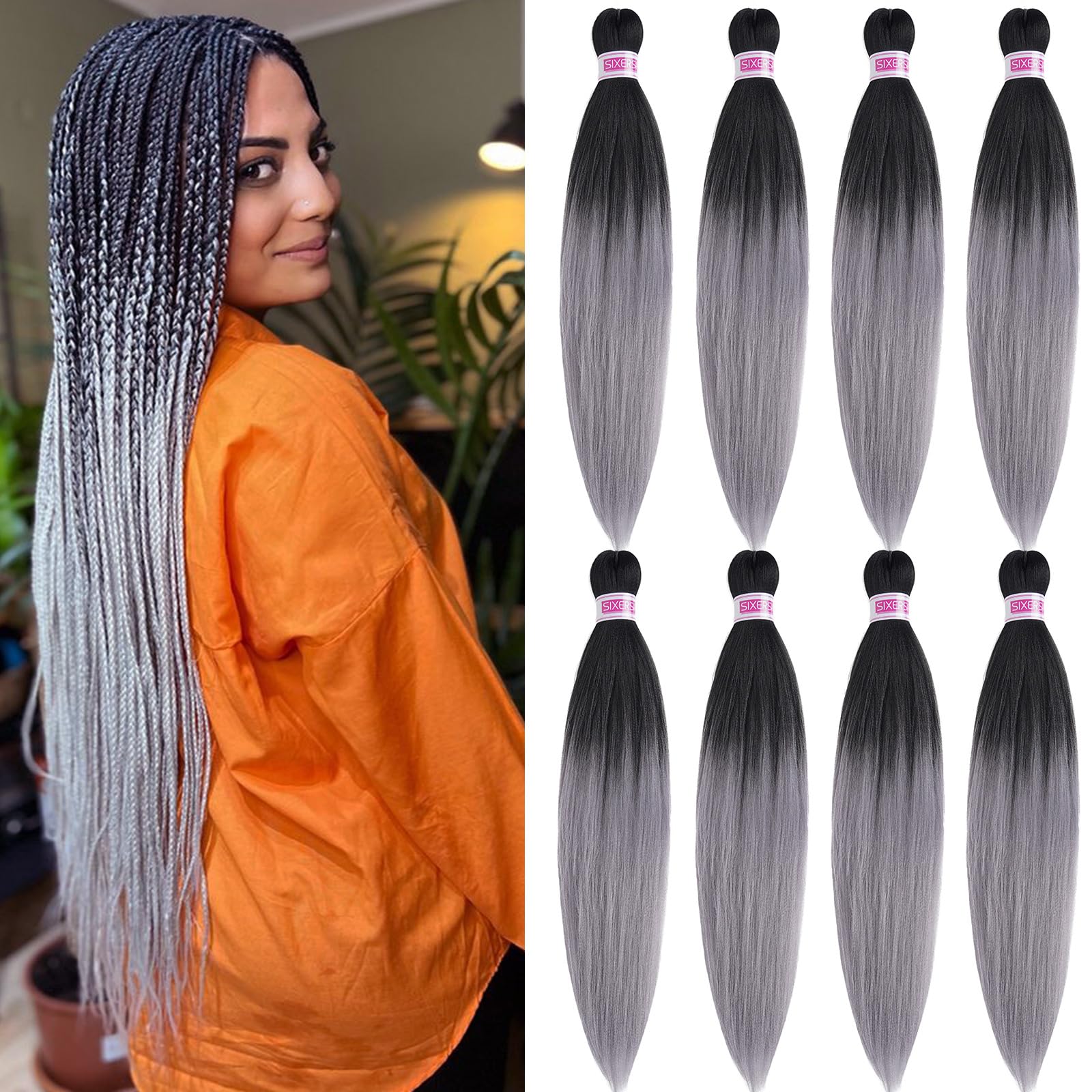 SIXERSI Grey Ombre Pre Stretched Braiding Hair Extensions for Braids 26 Inch Kids Knotless Hypoallergenic Synthetic Braiding Hair Ombre