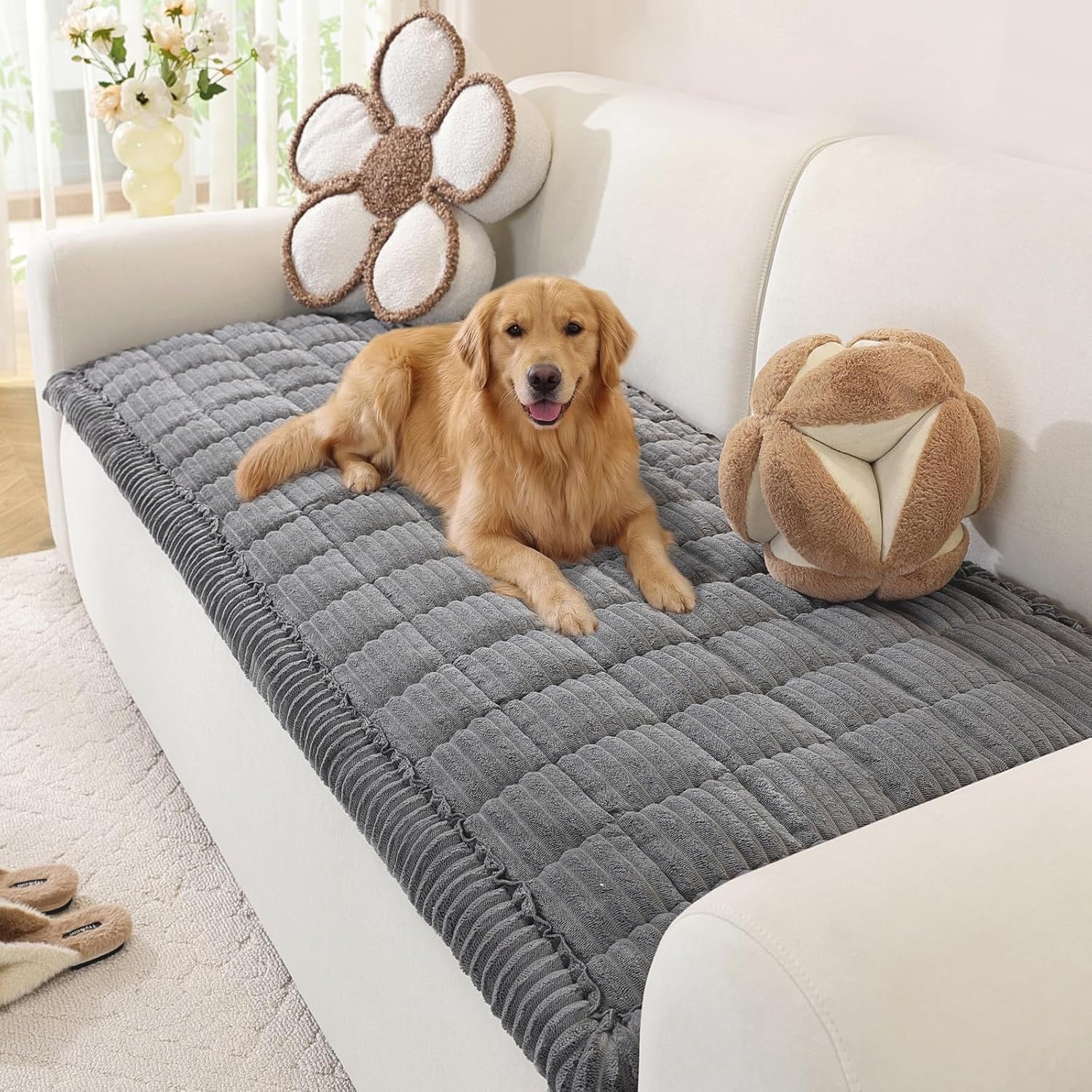 OstepDecor Sofa Covers 2 3 4 Seater, Pet Sofa Cover, Settee Covers, Couch Protectors for Dogs, L-Shaped Corner Couch Cover, Thick Soft Corduroy Fuzzy Pads for Pets and Kids (Dark Grey, 70x120cm)