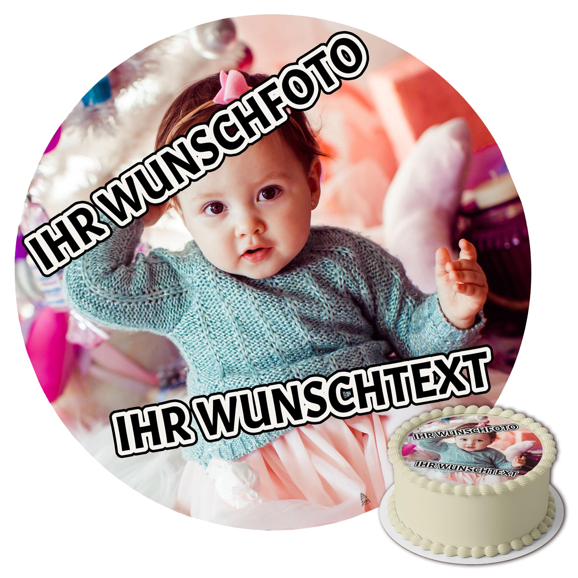 J&M DECO Personalisiert Tortenaufleger – essbares Tortenbild mit Foto & Text – Ø 20 cm Kuchenaufleger aus Zuckerpapier – individuelle Tortendeko für Geburtstag, Motto-Party, Kinderfeier
