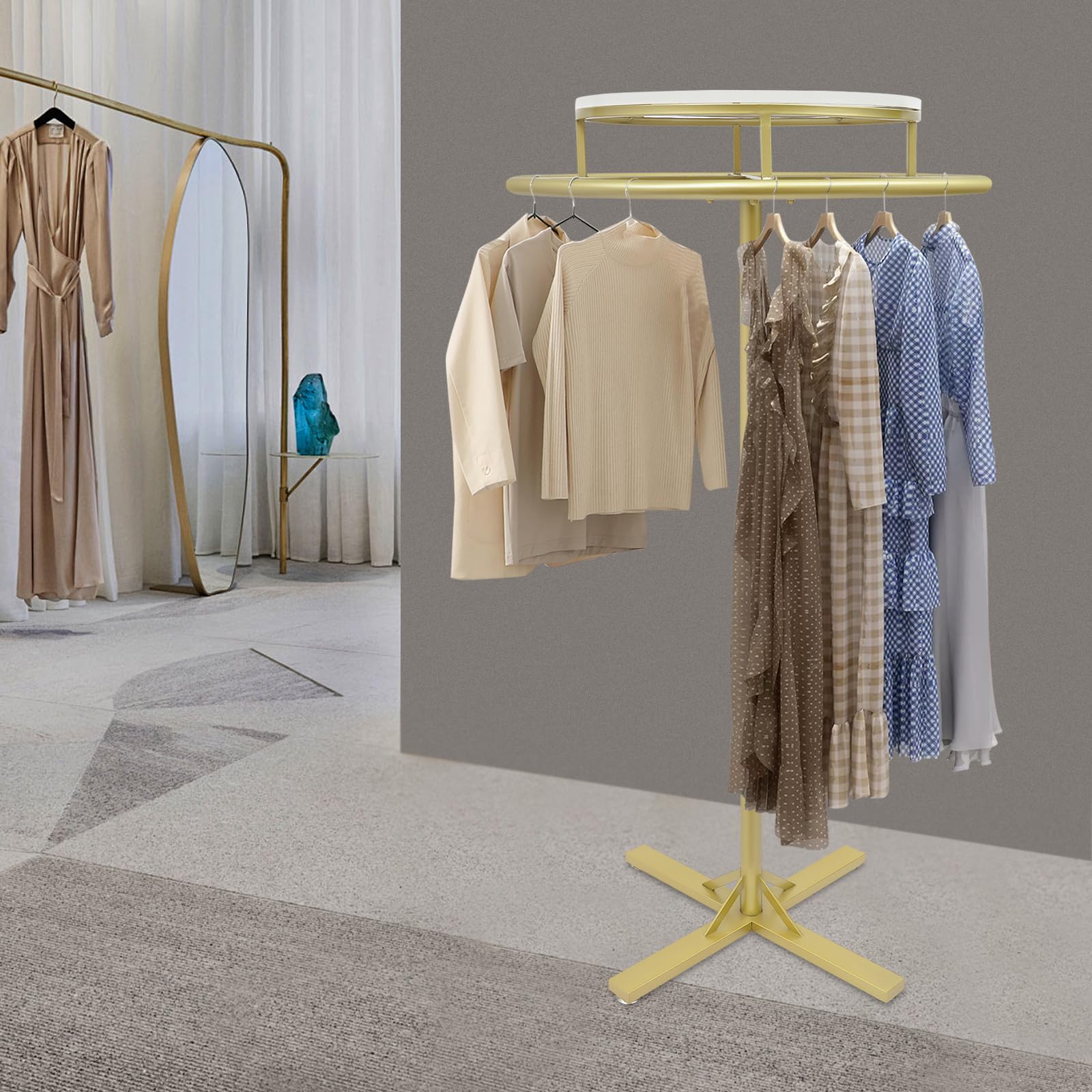 kunghei 28 * 51 inch Retail Clothing Garment Racks with Display Table, Gold 360° Rotatable Floor-Standing Clothes Storage Rack for Bedrooms Boutiques Retail Commercial Shop Laundry Room