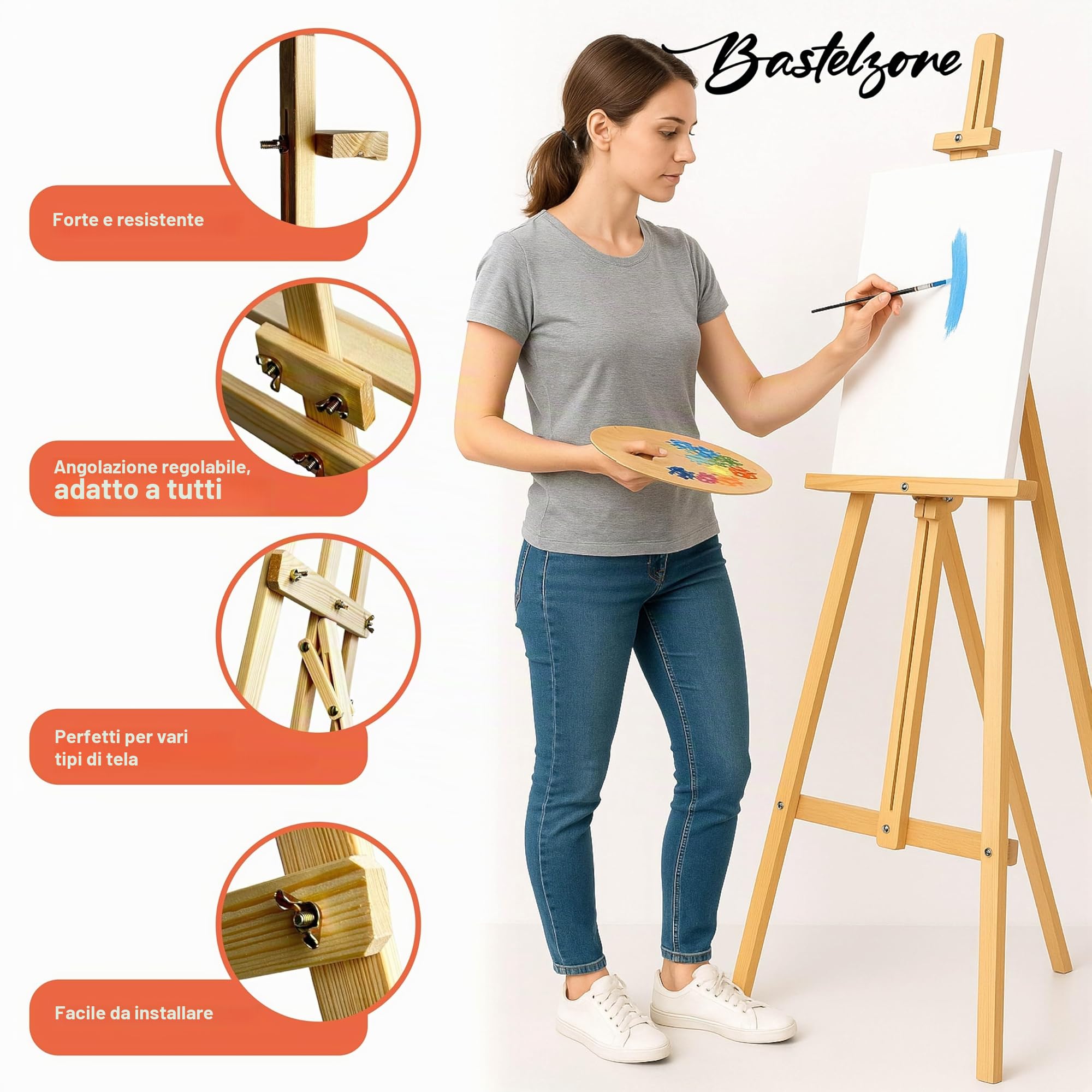 Cavalletto XXL in legno di pino Grande 170 cm per tela fino a 100 cm. Adatto per bambini e adulti. Regolabile per matrimoni, eventi, pittura, mostre, pubblicità all'aperto