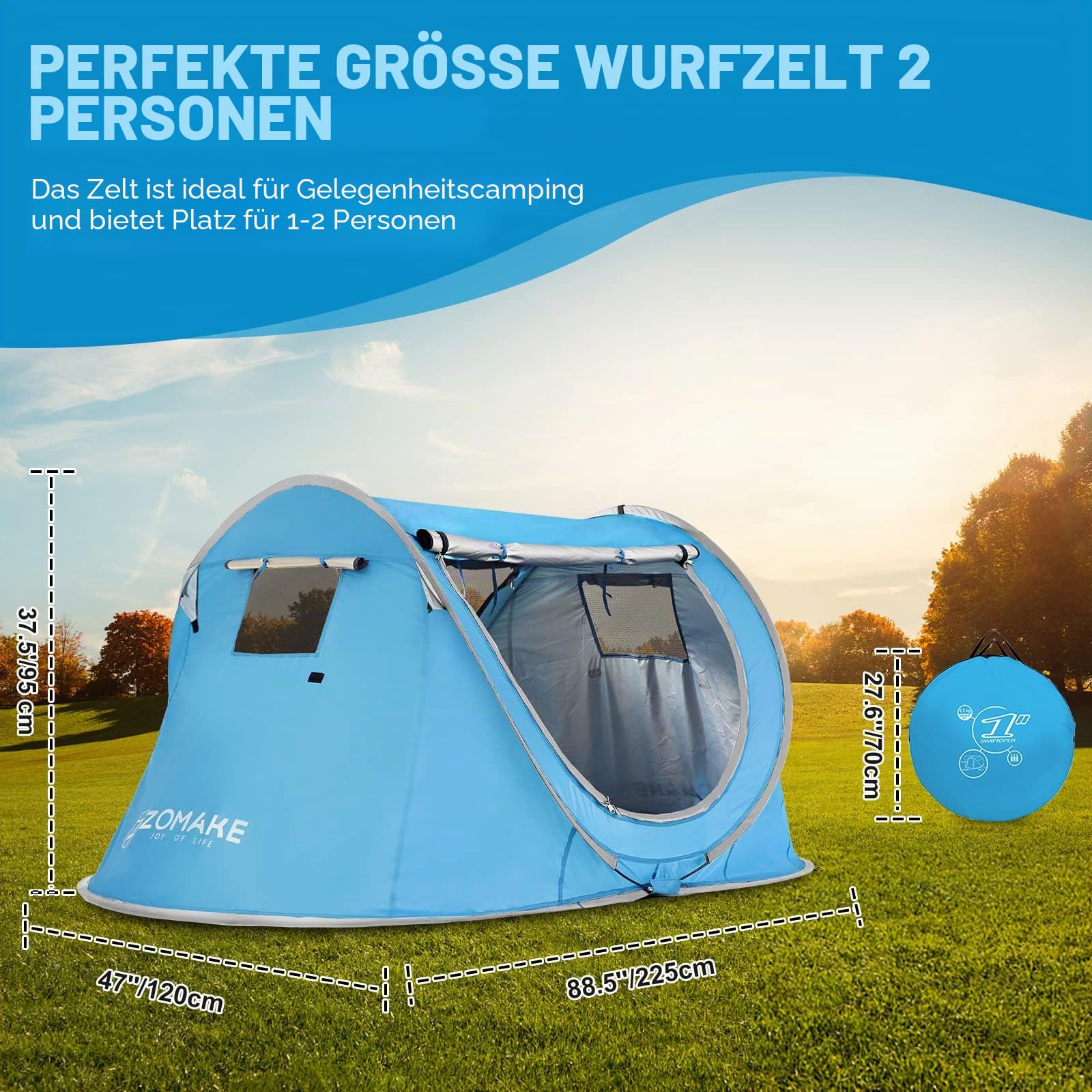 wasserfestes wurfzelt ZOMAKE Pop Up Zelt 4 Personen,Automatisches Wasserdicht Zelte für Camping Familien Outdoor pattern Kombination::Blumen Hellblau/Grau BUCKLOS 3D Gedruckt Carbon